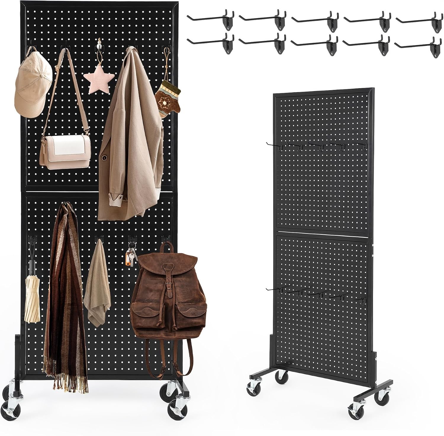 2x5ft Floor Standing Pegboard Display Metal Peg Board Display Rack with 10 Hooks