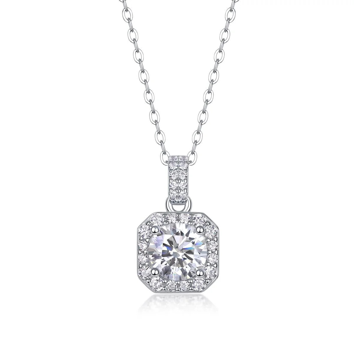 Fifty8 Square Moissanite Pendant Necklace 925 Silver CZ Halo Dawn Light