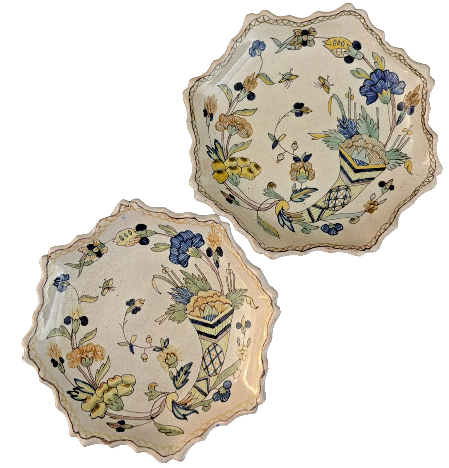 2 Antique French Faience Earthenware Plates Rouen Crackle Glaze Scalloped Edge 2 Antique French Faience Earthenware Plates Rouen Crackle Glaze Scalloped Edge