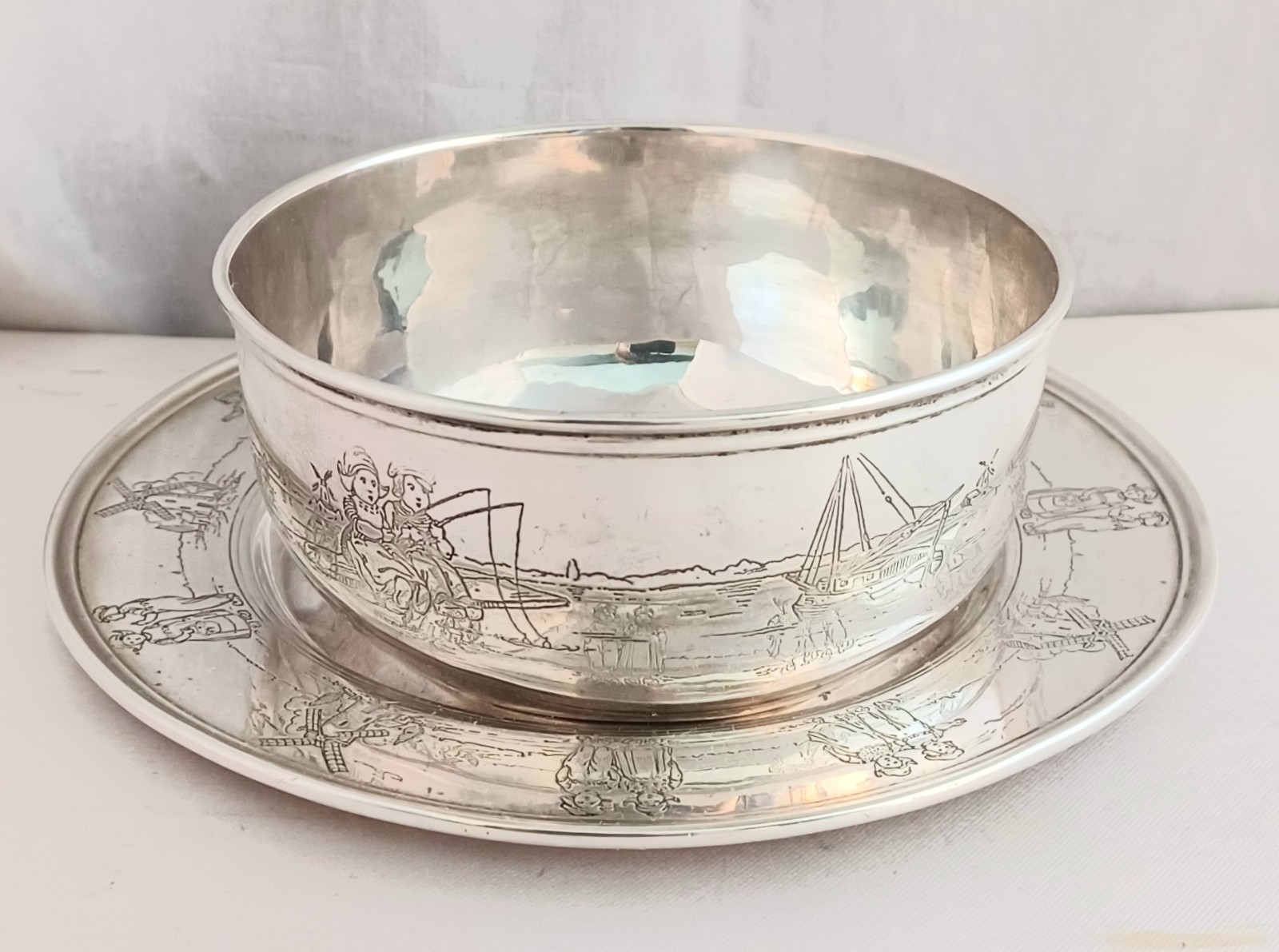 Gorham Sterling #12374 & 5 Dutch Vintage Children Scene Bowl & Baby Underplate