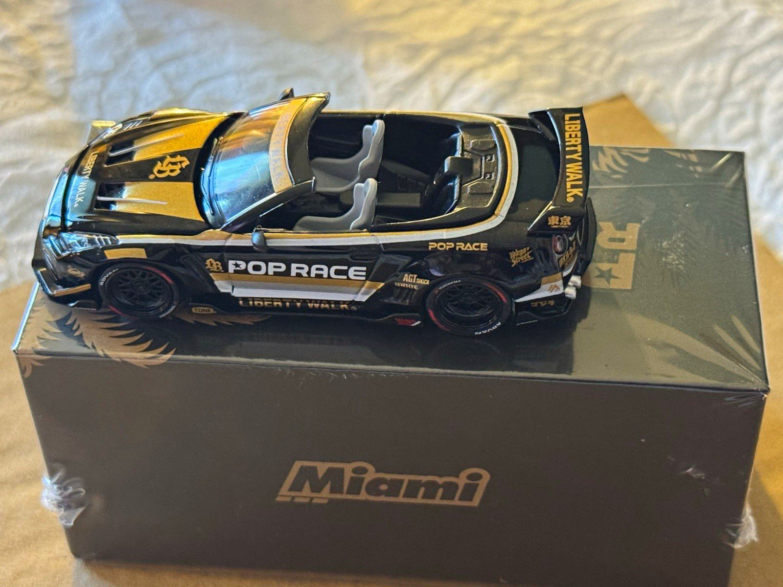 POP RACE Liberty Walk Nissan Diecast Car 1:64 Black/Gold Miami Event Exclusive