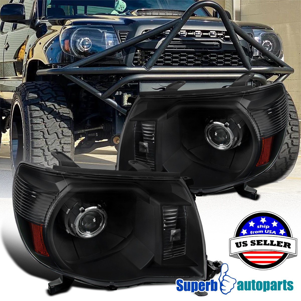 Fits 2005-2011 Toyota Tacoma Projector Headlights 05-11 Head Lamps Black Pair Fits 2005-2011 Toyota Tacoma Projector Headlights 05-11 Head Lamps Black Pair