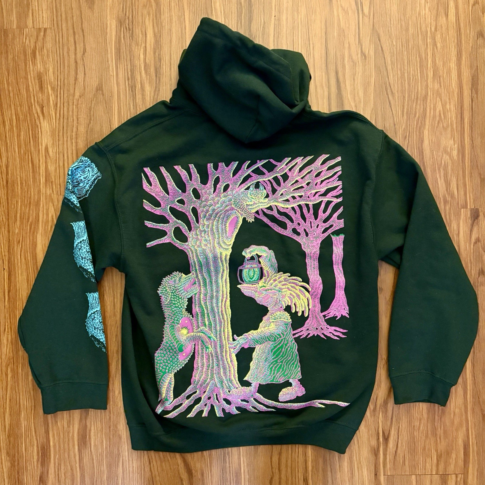 Tetsunori Tawaraya Hoodie Neon Psychedelic Tokyo Japan Forest Green Size M New