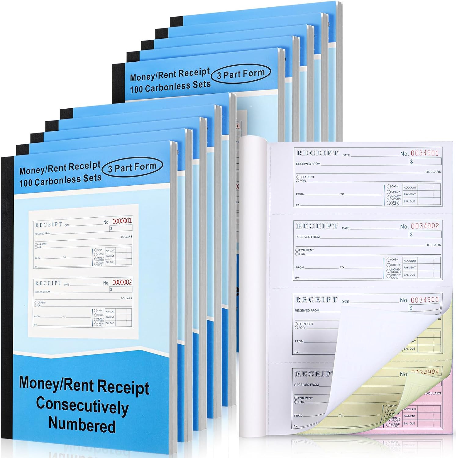 10 Pack Money and Rent Receipt Books, 3 Part Carbonless