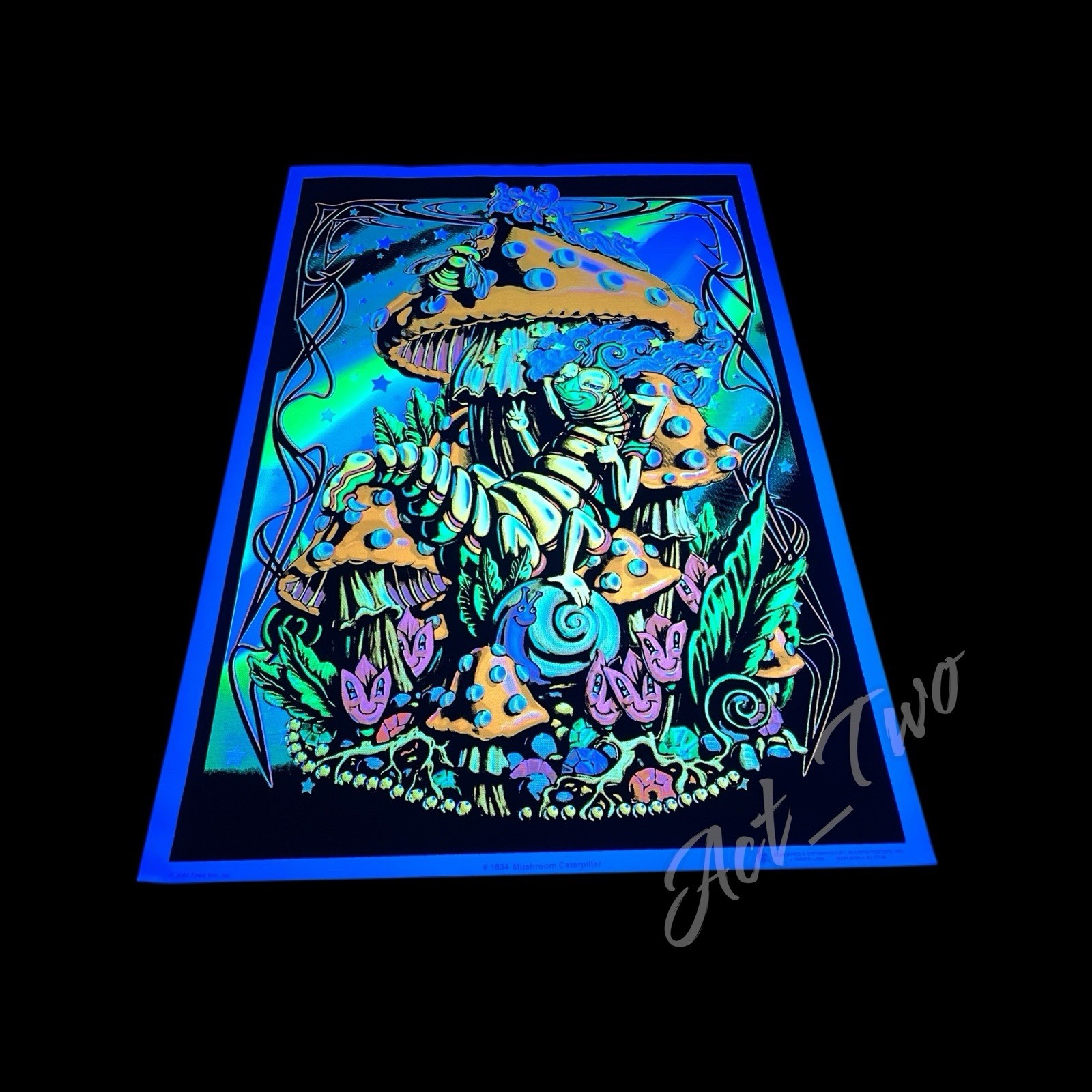Vintage 2002 Mushroom Caterpillar 23”x35” Velvet Flocked Blacklight Poster USA