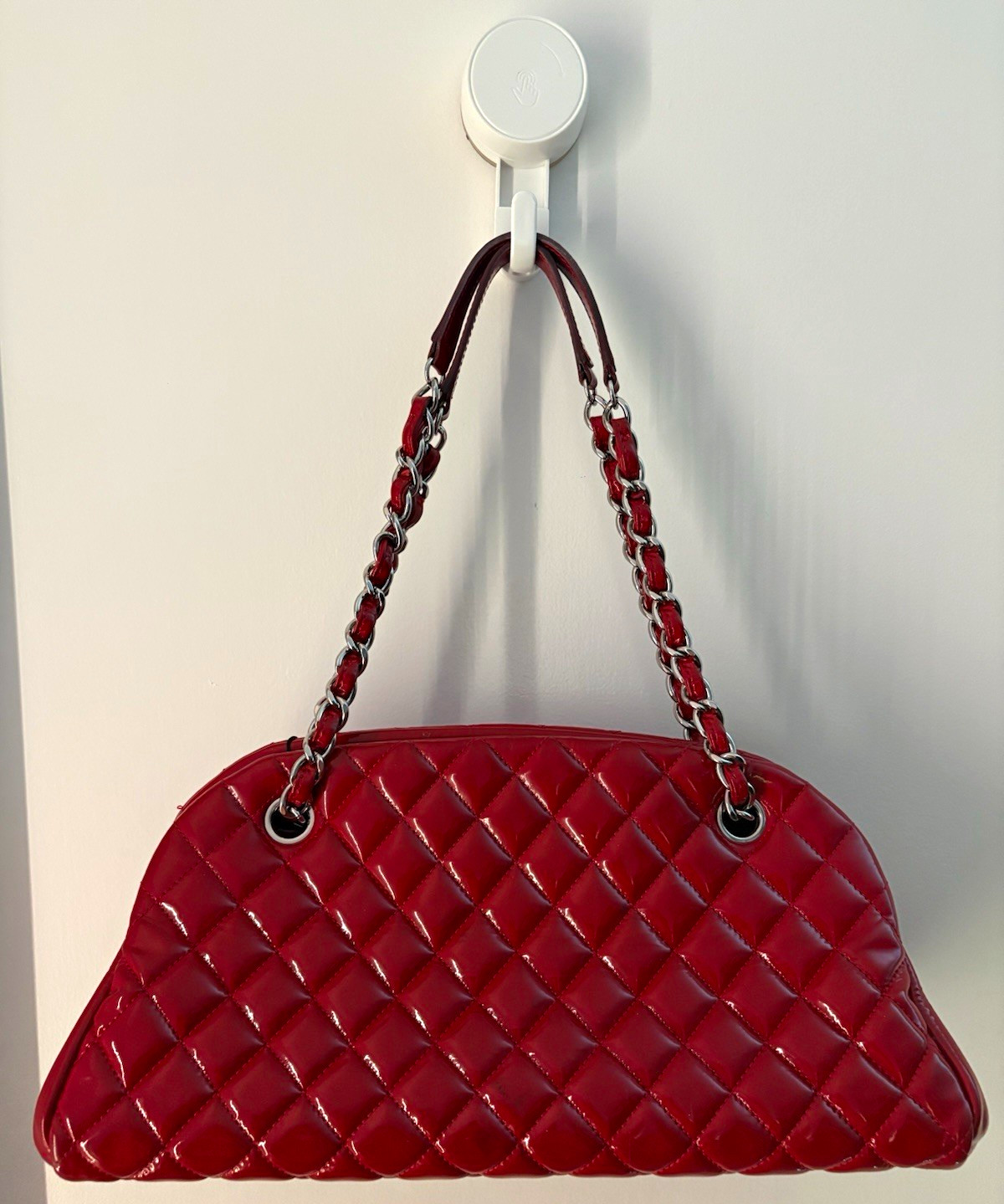 CHANEL Red Patent Quilted Shoulder Bag Silver Chain Strap Zip Lined Pockets