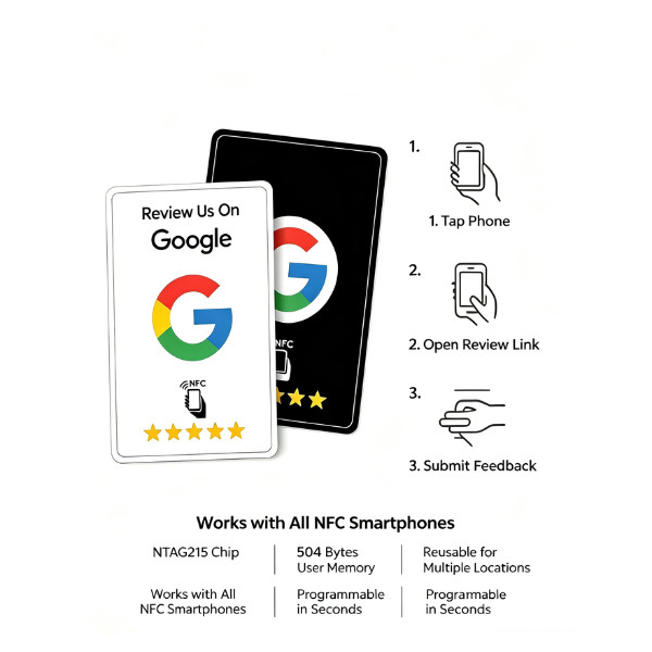 50 Pcs NFC Google Review Cards - Premium Matte Black & White Tap Cards