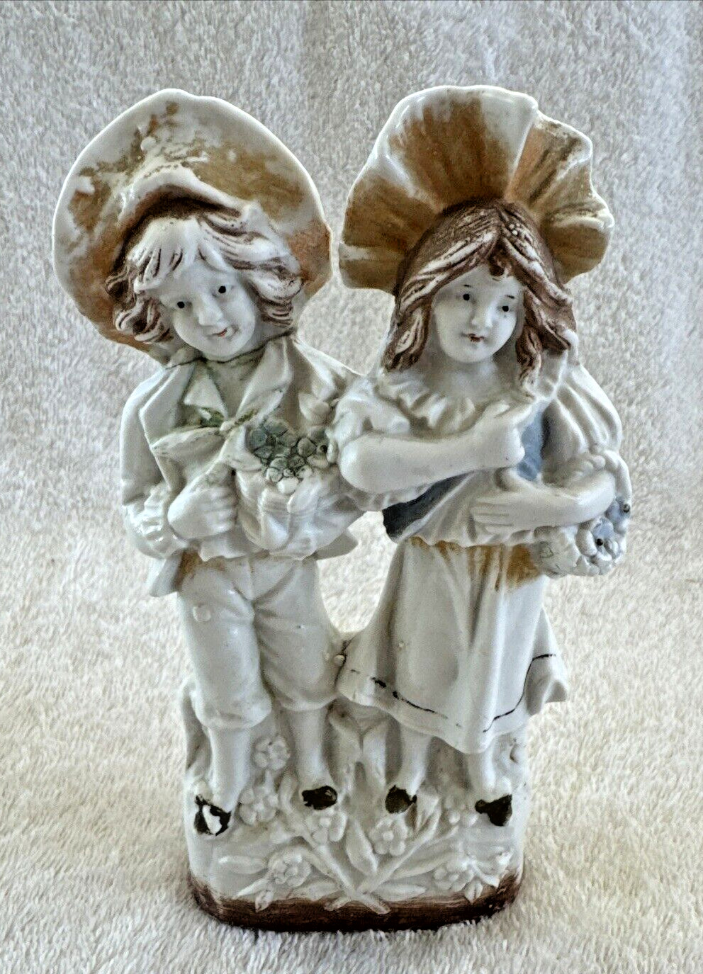 Antique German Bisque Porcelain Figurine Boy & Girl with Basket of Flowers 1903