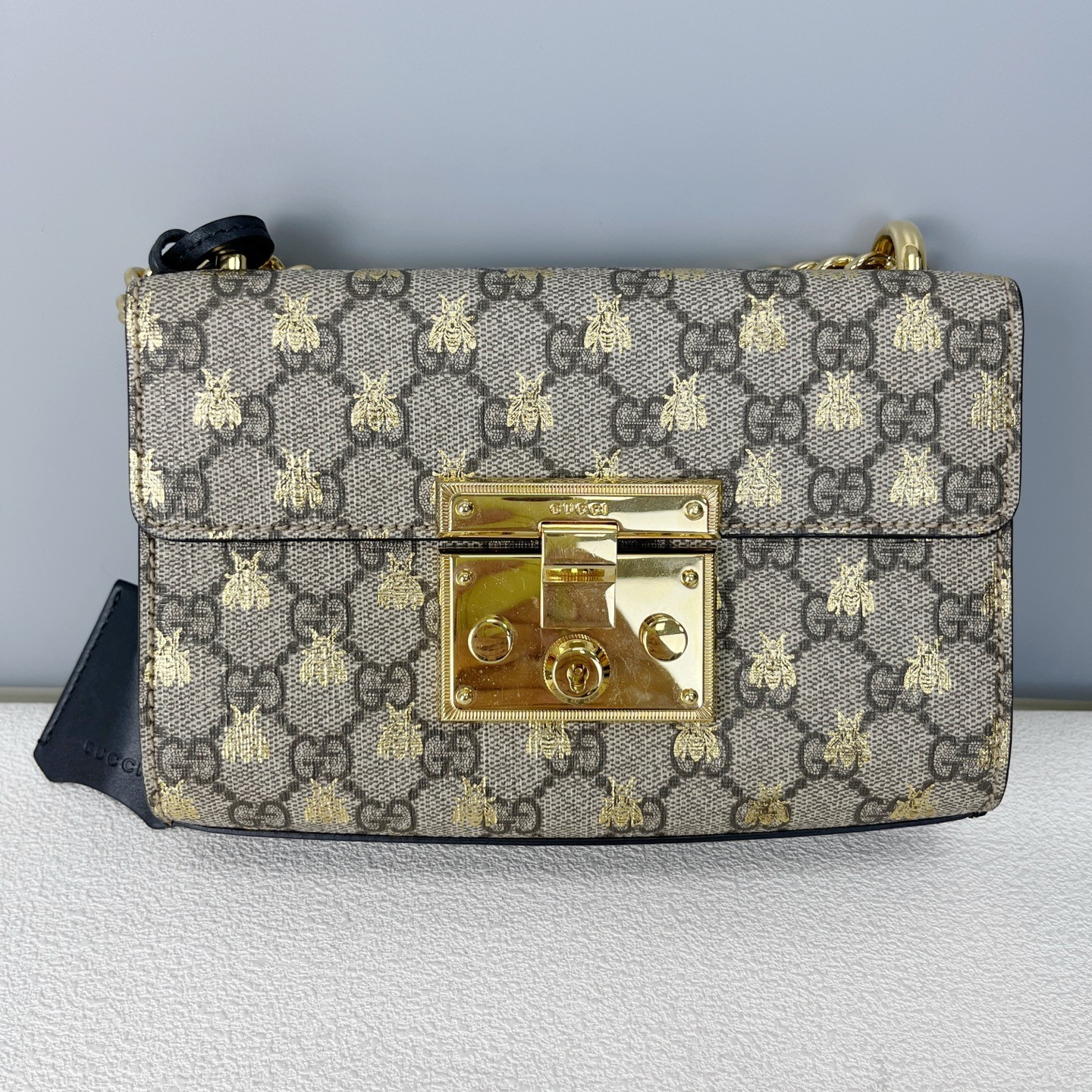 Gucci Padlock Small Chain Shoulder Bag GG Supreme Canvas Gold Bee Print Pre‑owne