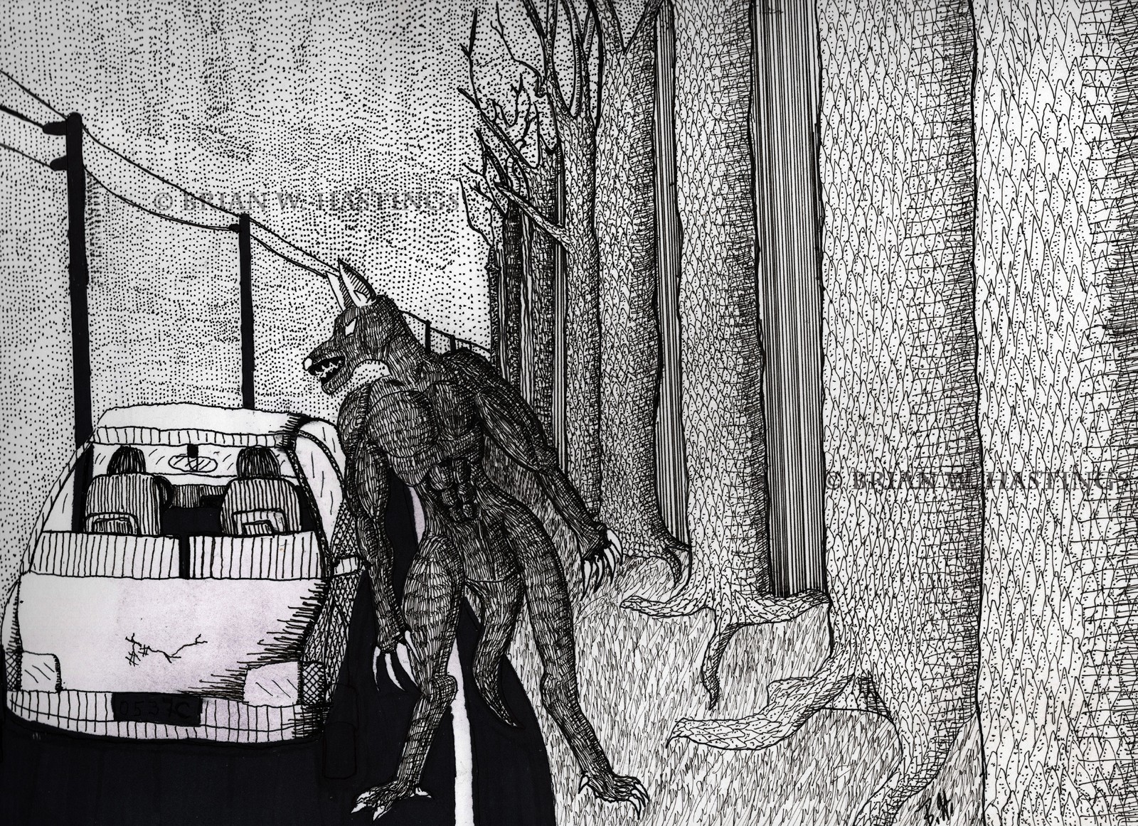 Pen & Ink Drawing “Roadside Sighting” 12x9 Bristol Board OOAK Horror Creature