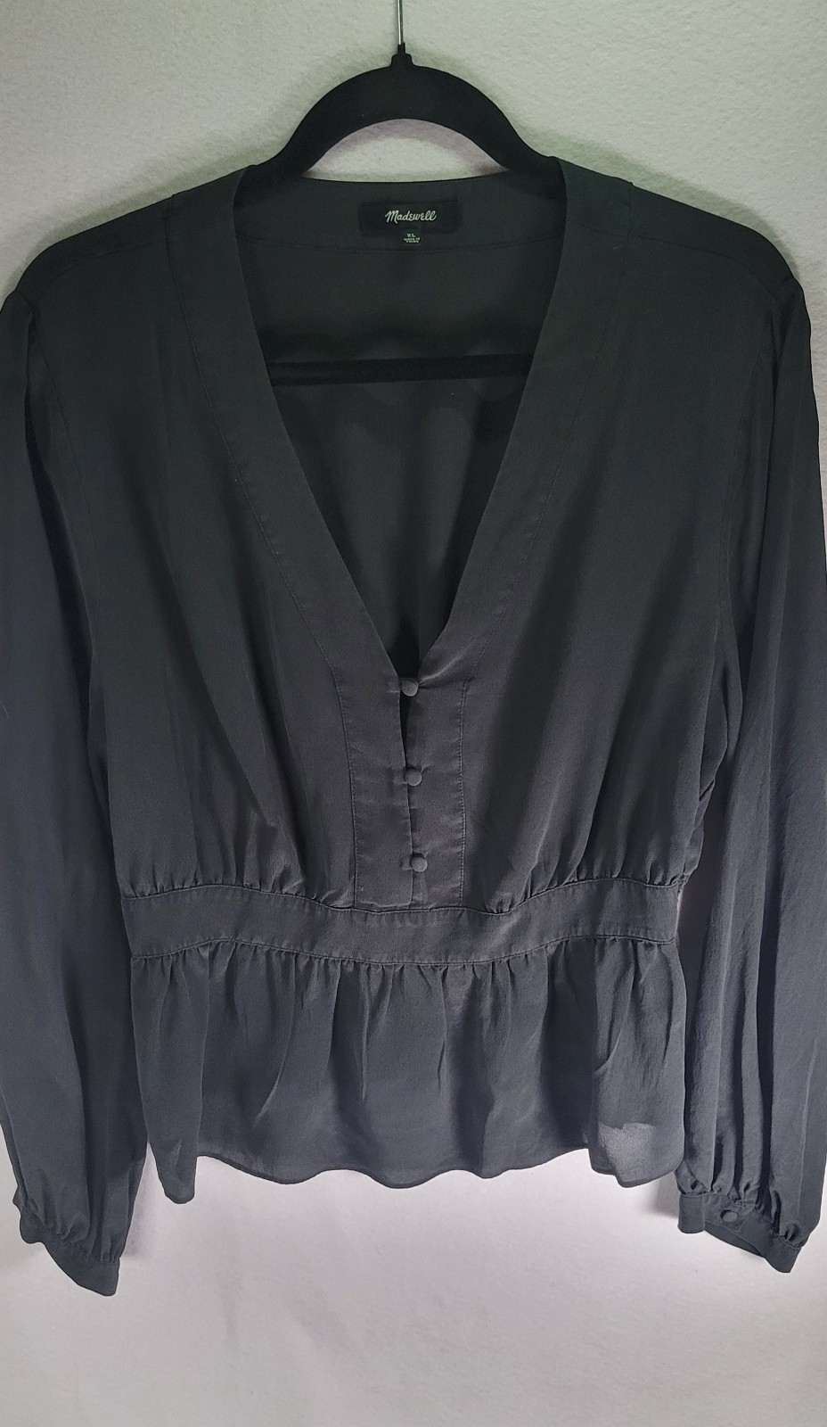 Madewell Blouse Womens Size L Black V Neck Elastic Waist Balloon Sleeve Bus/cas Madewell Blouse Womens Size L Black V Neck Elastic Waist Balloon Sleeve Bus/cas