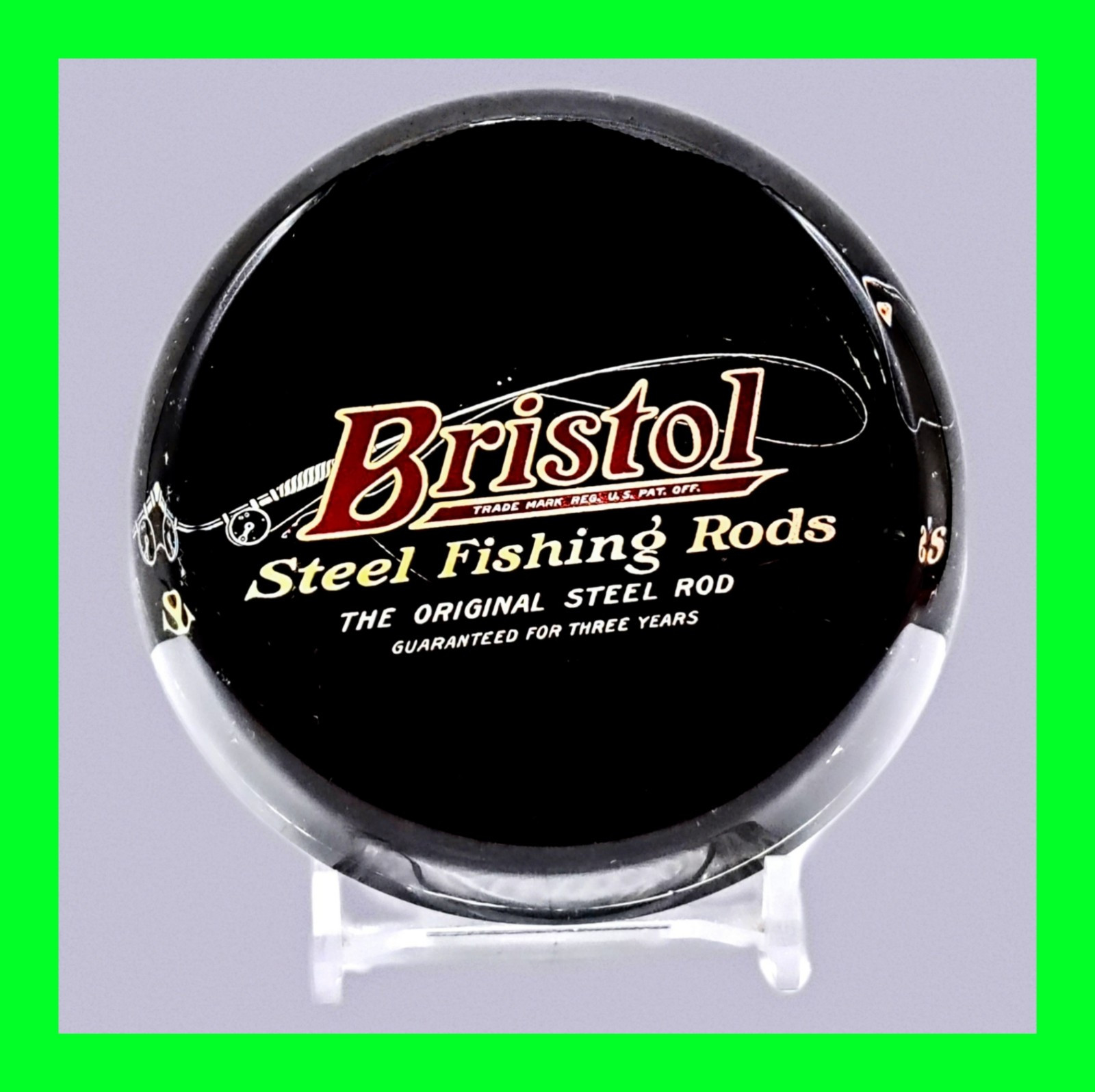 Unique Vintage Bristol Steel Fishing Rods Glass Advertising Paperweight - RARE 