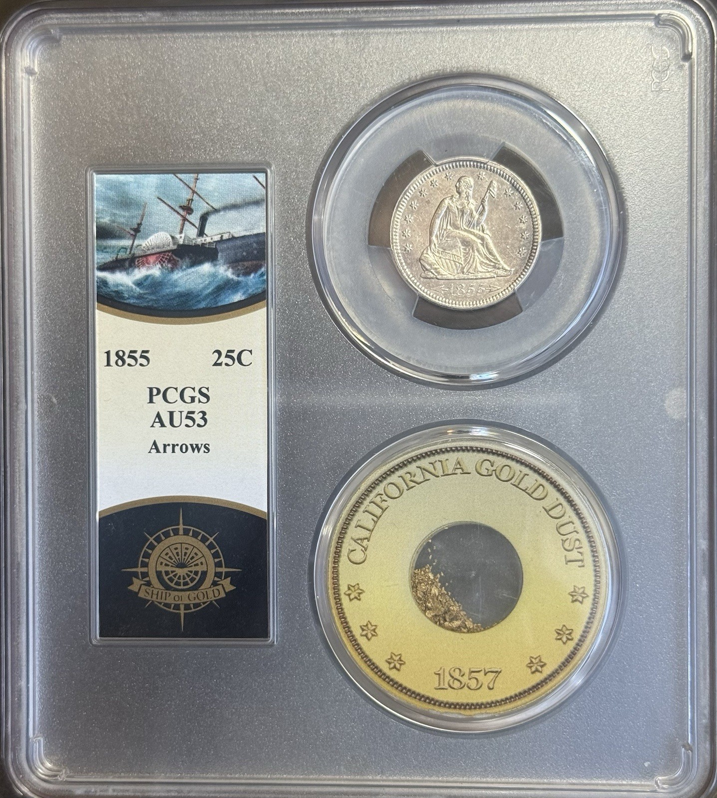 1855 Seated Liberty Quarter 25c PCGS AU53 SS Central America Gold Dust Shipwreck
