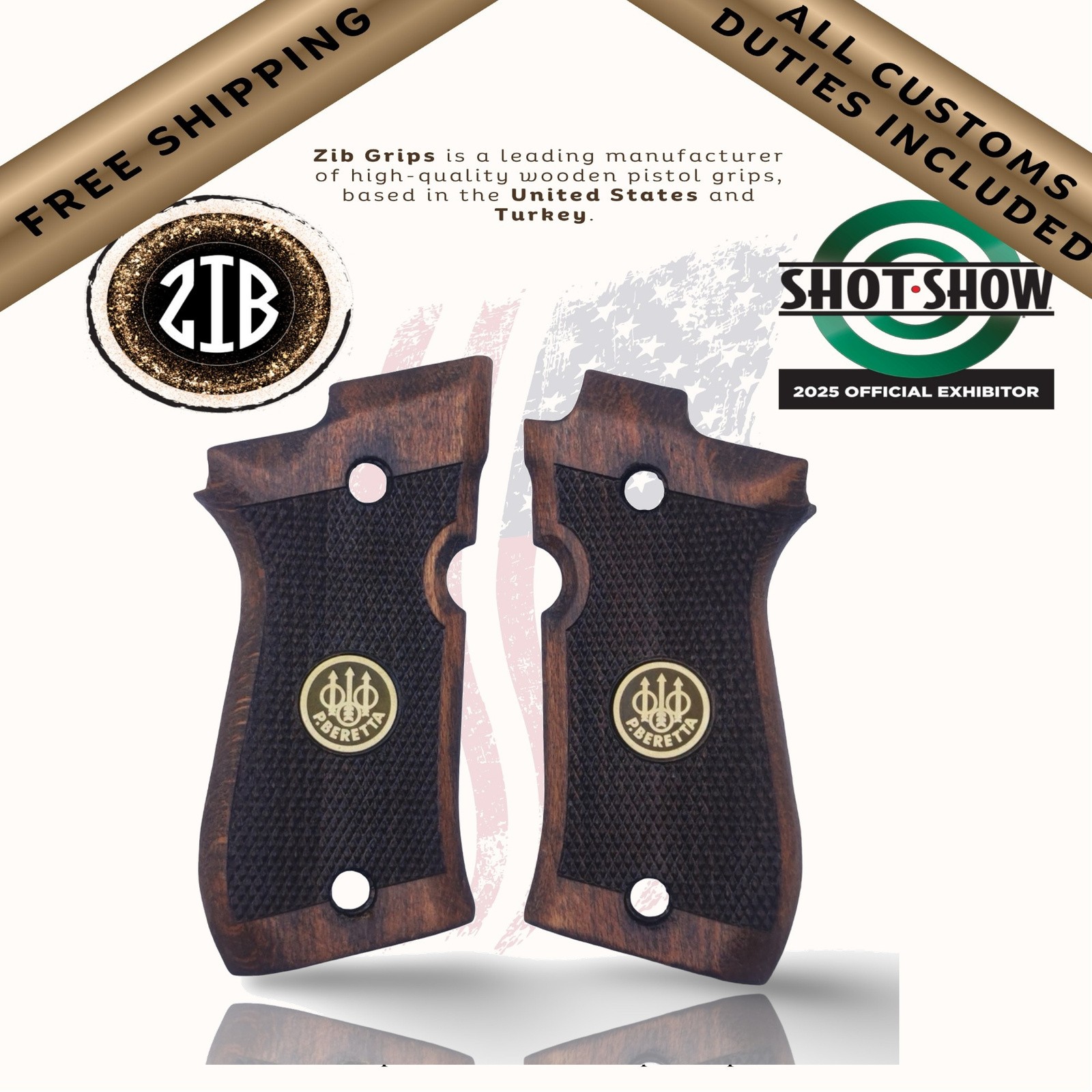 ZIB Grips Beretta 81/84 BB & Fatih 13 Brown Beech Wood Checkered Gold Medallion ZIB Grips Beretta 81/84 BB & Fatih 13 Brown Beech Wood Checkered Gold Medallion