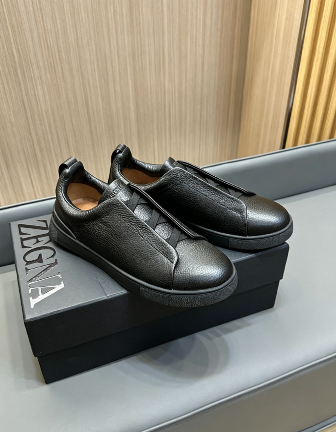 Zegna Triple Stitch All Black Grain Leather Slip On Men Casual Trainers Zegna Triple Stitch All Black Grain Leather Slip On Men Casual Trainers