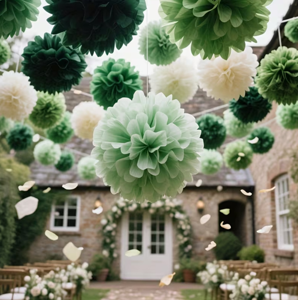 21pc Sage Green Ivory Tissue Paper Pom Poms Wedding Baby Shower Party Decoration