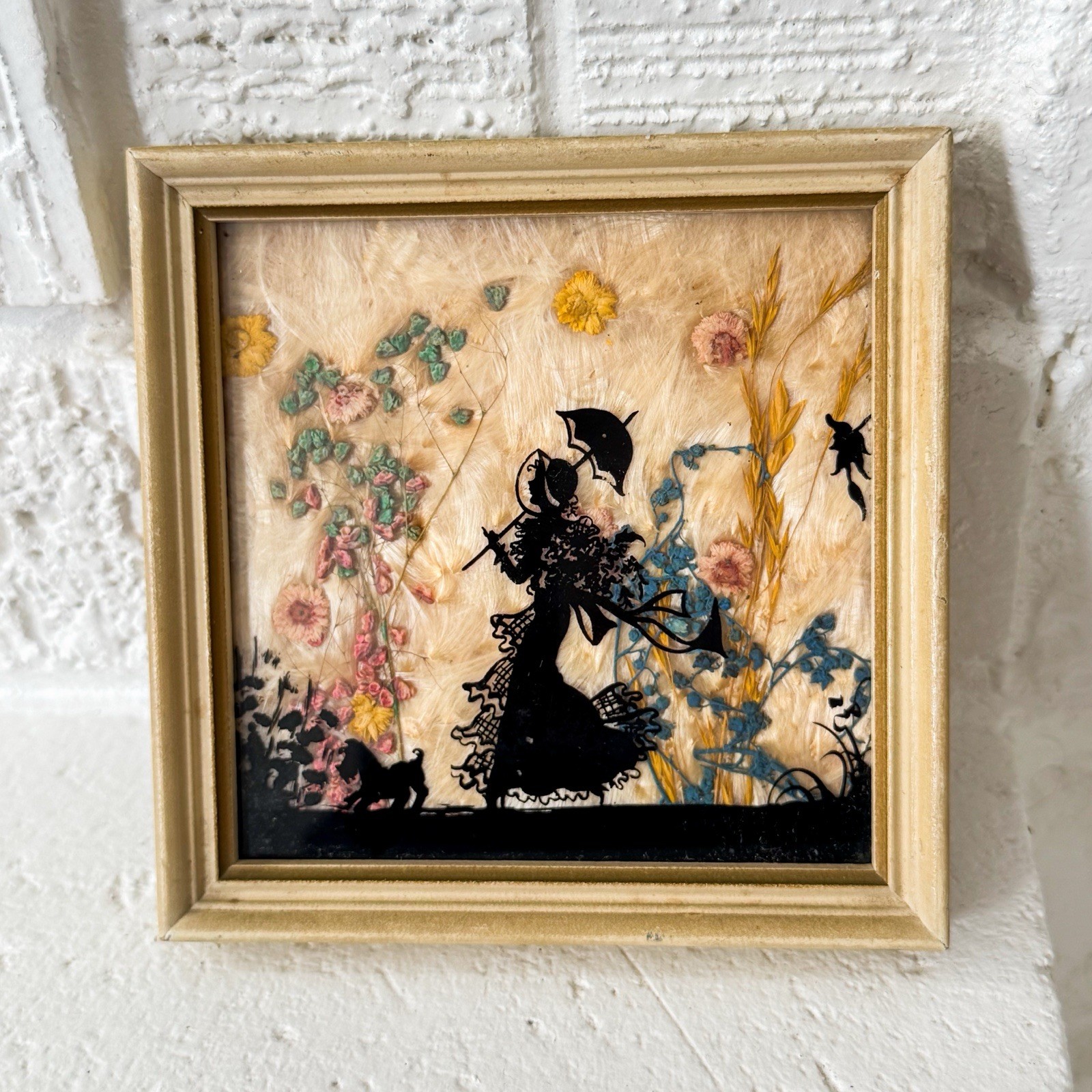 Antique 1930s Victorian Lady Pressed Flower Fisher Picture Silhouette Wall Art