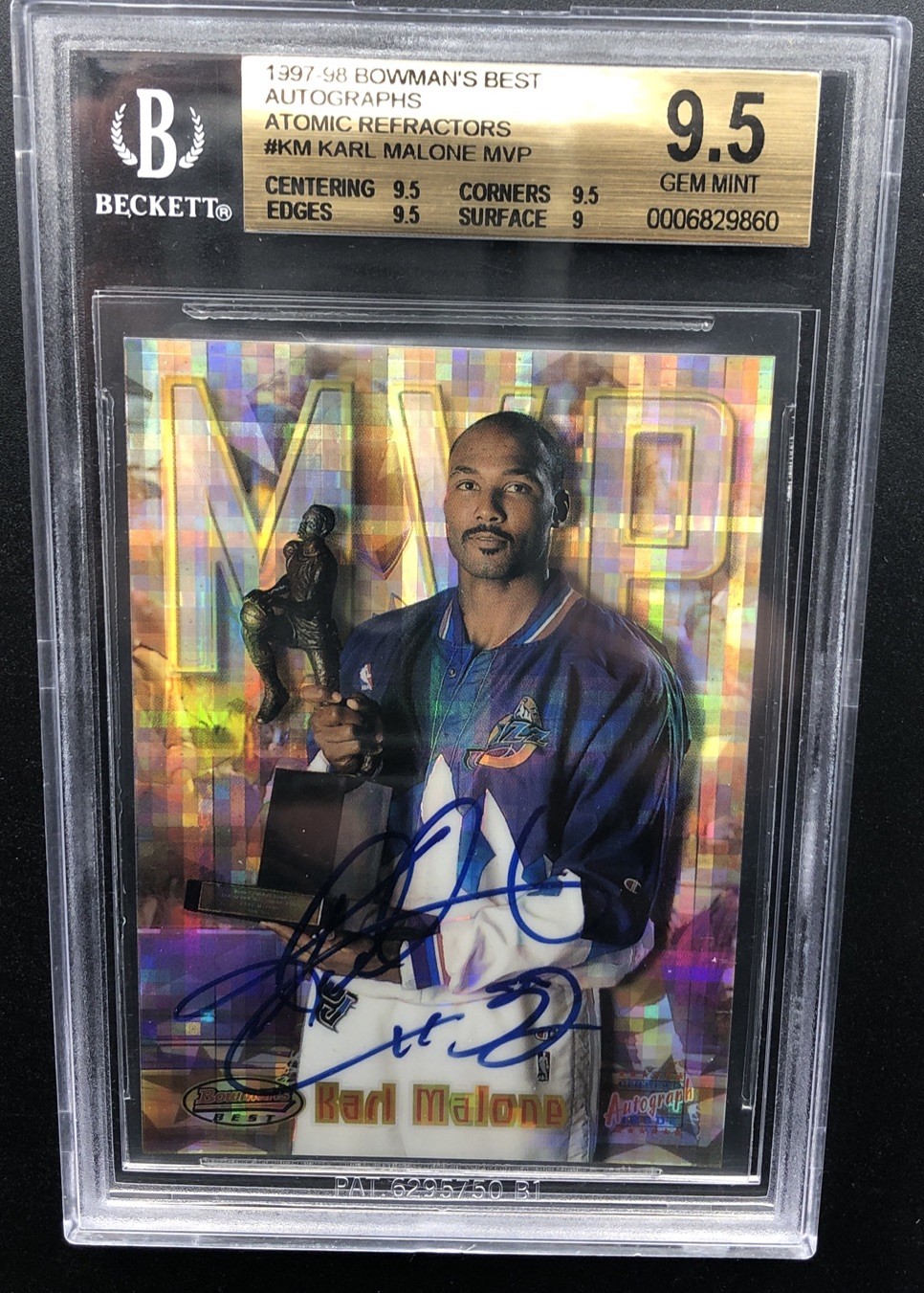 1997-98 BOWMAN'S BEST ATOMIC REFRACTOR 10 AUTO KARL MALONE MVP BGS 9.5 GEM MINT