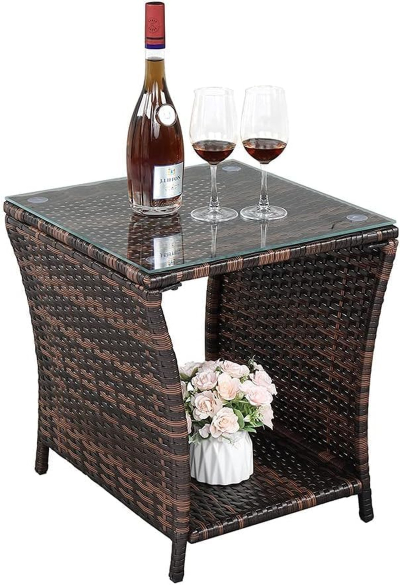 Wicker Rattan Side Table, Outdoor Square Rattan Coffee End Table with Tempered G