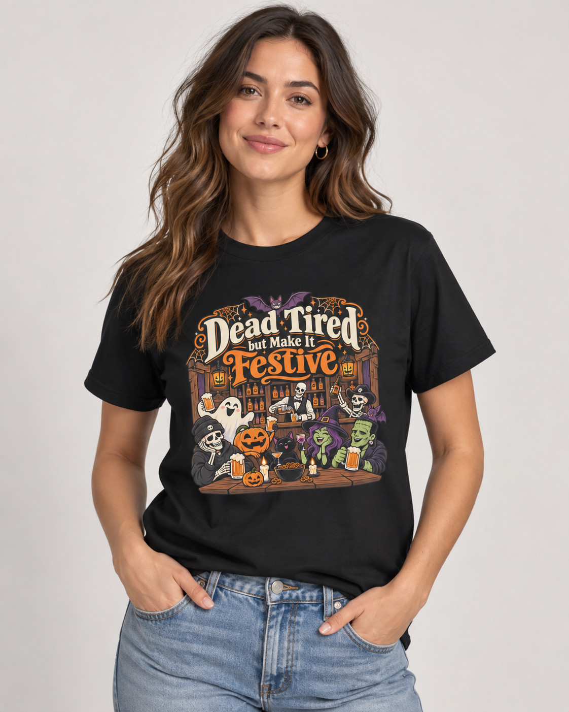 Dead Tired But Make It Festive Halloween Skeleton Bar T-Shirt Funny Spooky Tee