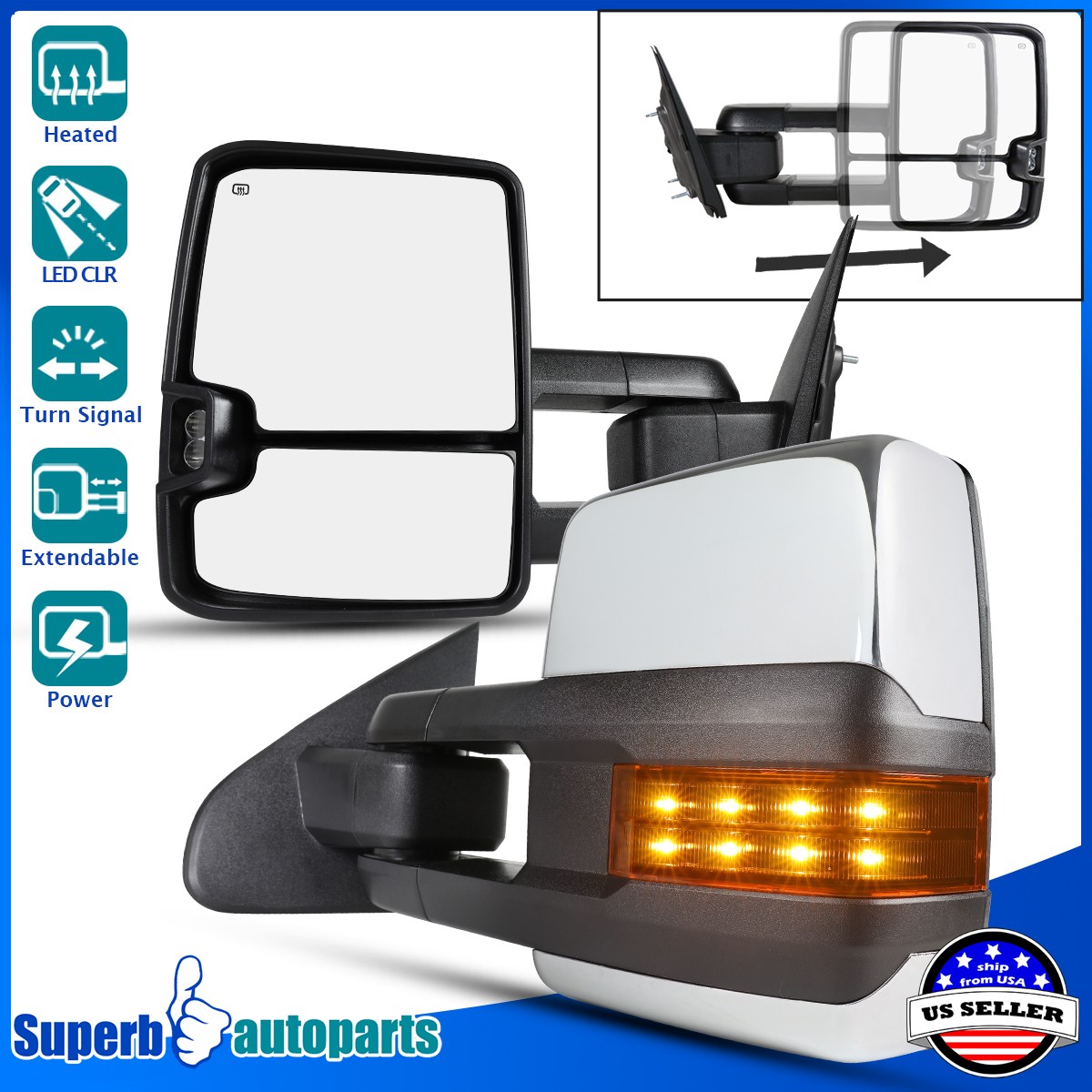 Fits 2014-2018 Sierra Silverado Power Heated Towing Mirrors W/ LED Signal Pair Fits 2014-2018 Sierra Silverado Power Heated Towing Mirrors W/ LED Signal Pair