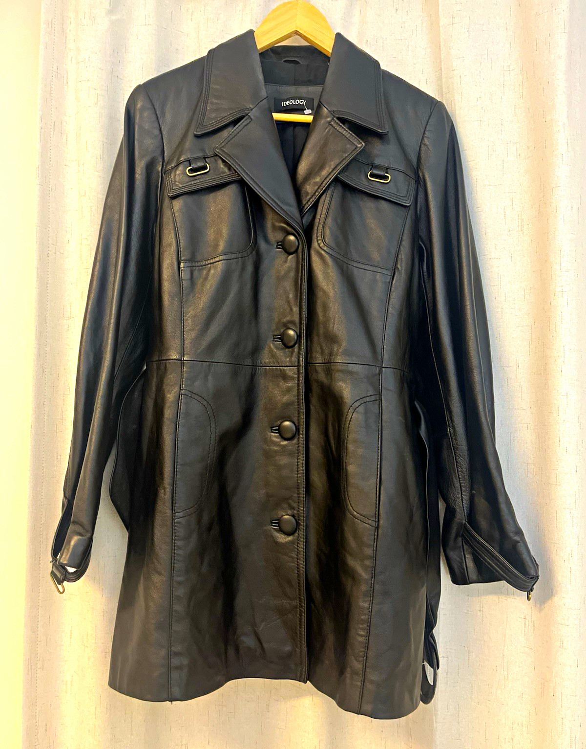 Ideology Women’s Black Leather Button Front Collared Mid-Length Overcoat
