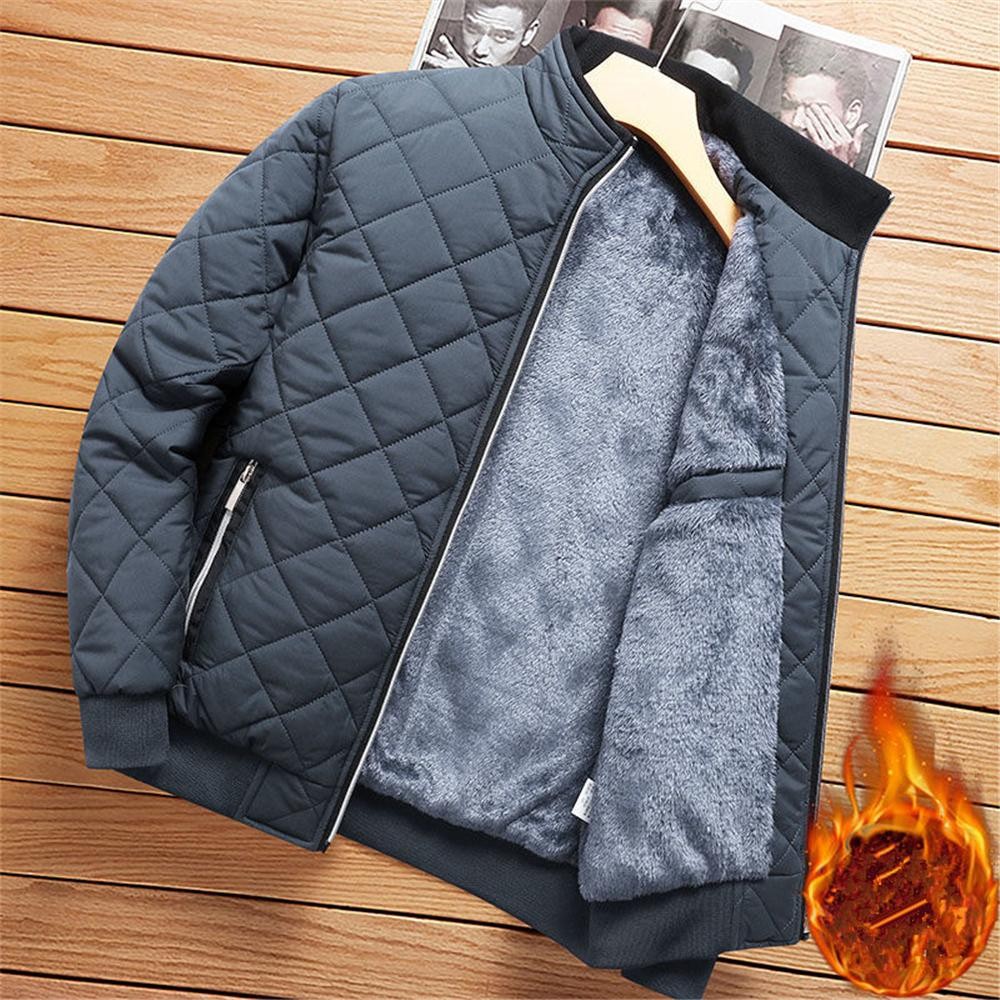 Men\'s Winter Fleece Bomber Jacket, Diamond Pattern, Warm Casual Coat