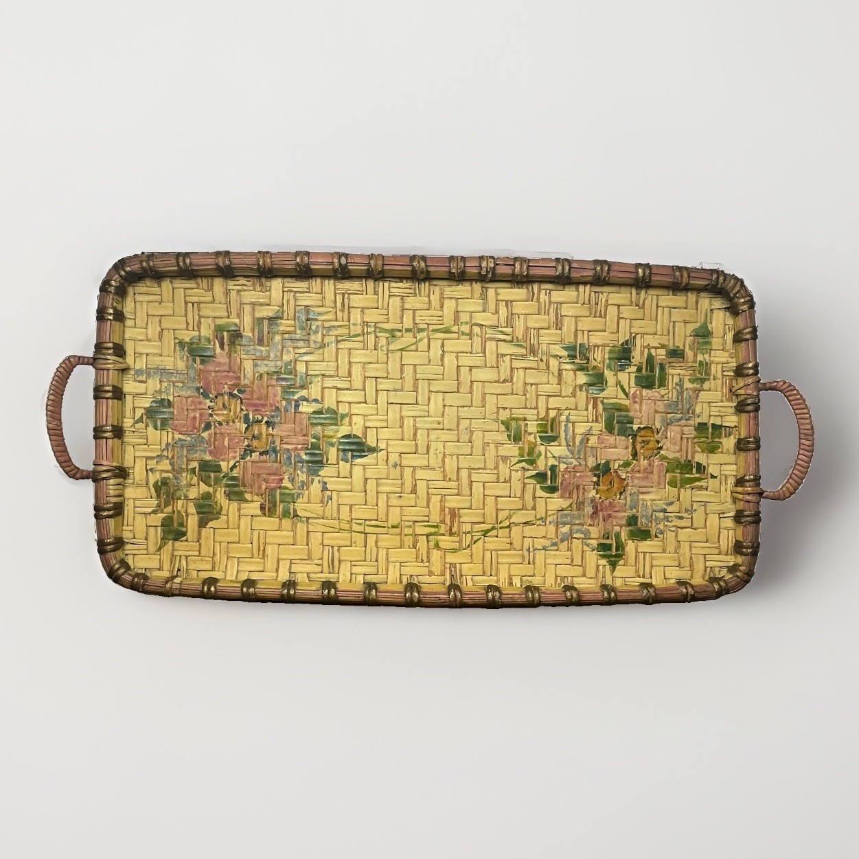 Vtg Hand Painted Woven Bamboo Tray Floral Rose Platter Handles Lacquer 23 In 