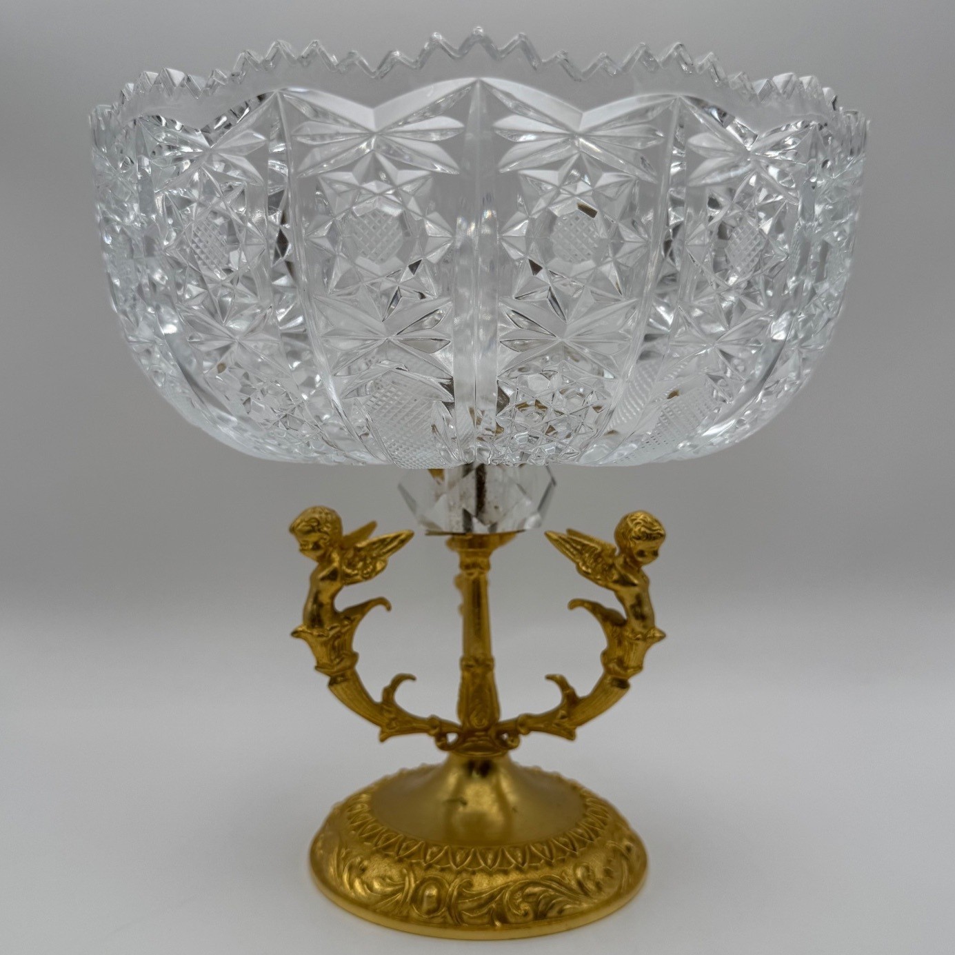 Vintage Italian Baroque Revival Cut Crystal Compote Cherub Pedestal Bowl Vintage Italian Baroque Revival Cut Crystal Compote Cherub Pedestal Bowl