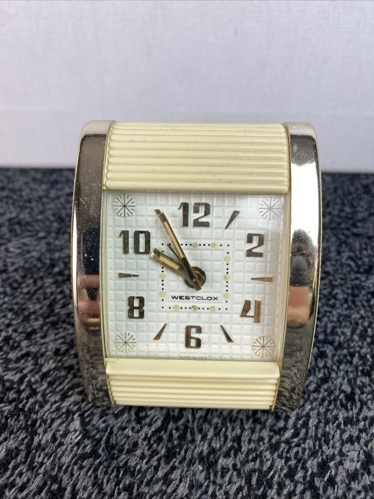 Vintage Westclox Travel Alarm Clock Beige White Art Deco Style 42014 WORKING