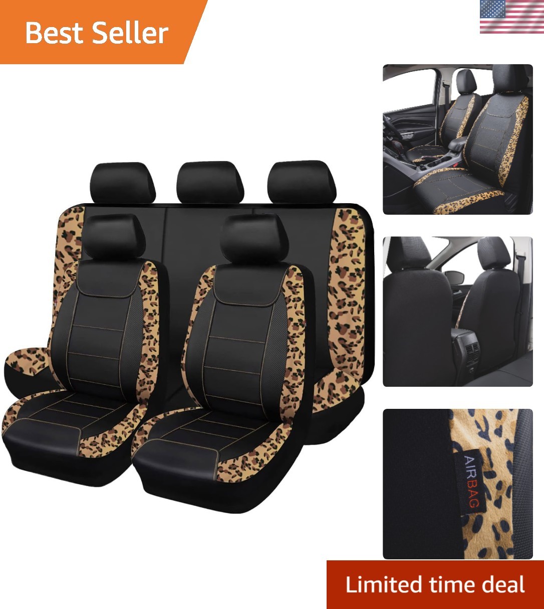 Elegant 8PCS Leopard Brown Black Car Seat Covers - Universal Fit & Easy Install