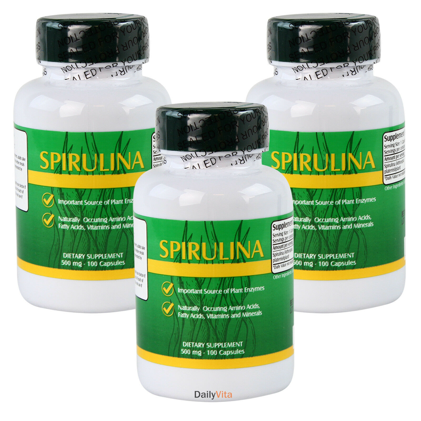 3 x Bottles Pure Spirulina 500 mg 100 Caps Green Food =300 CT 3 x Bottles Pure Spirulina 500 mg 100 Caps Green Food =300 CT