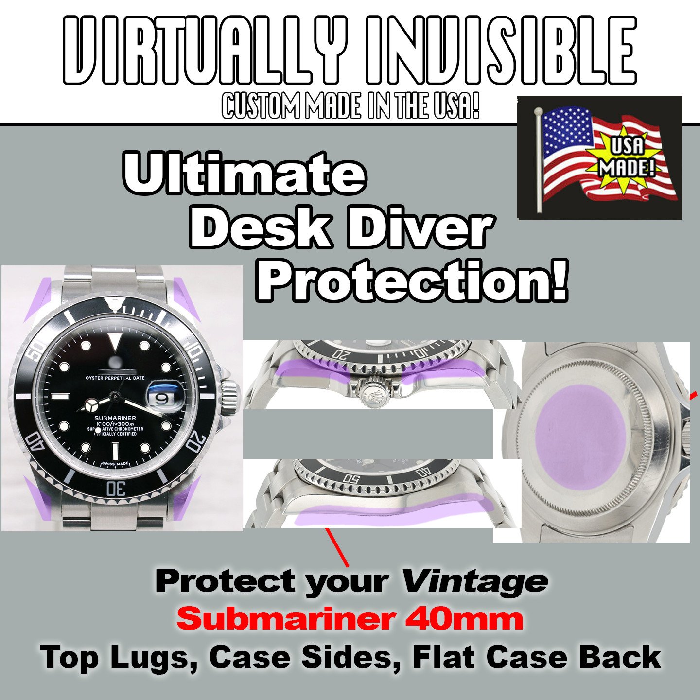 Compatible w/Rolex Vintage Submariner Top Lugs, Sides, Case Back  HD Protectors