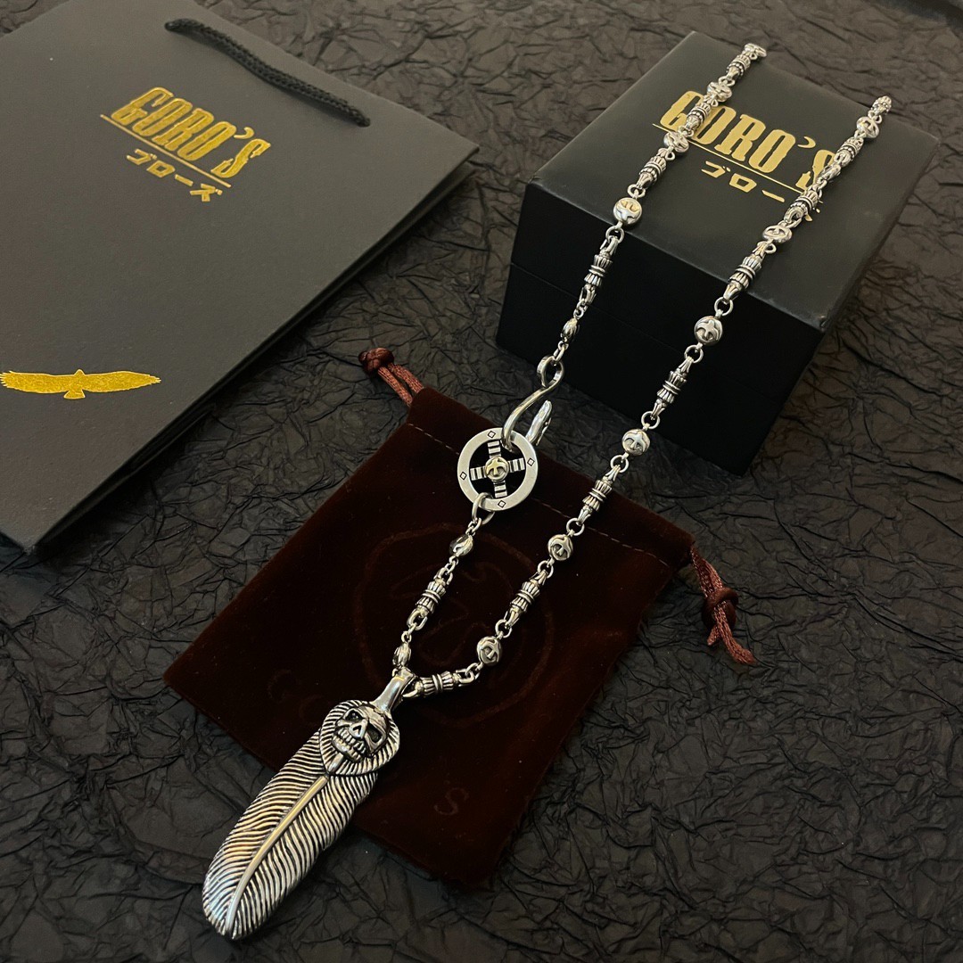 Goro\'s Takahashi Skull Feather Pendant Necklace Vintage Silver Chain Unisex Jewe Goro\'s Takahashi Skull Feather Pendant Necklace Vintage Silver Chain Unisex Jewe