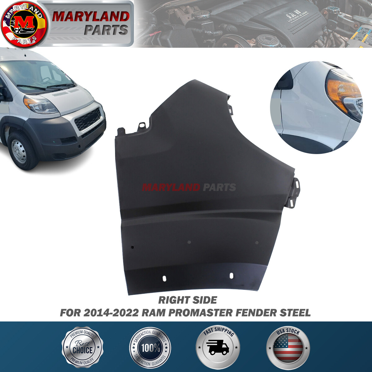 For 2014-2022 RAM Promaster Right Fender Steel Passenger Side RH For 2014-2022 RAM Promaster Right Fender Steel Passenger Side RH