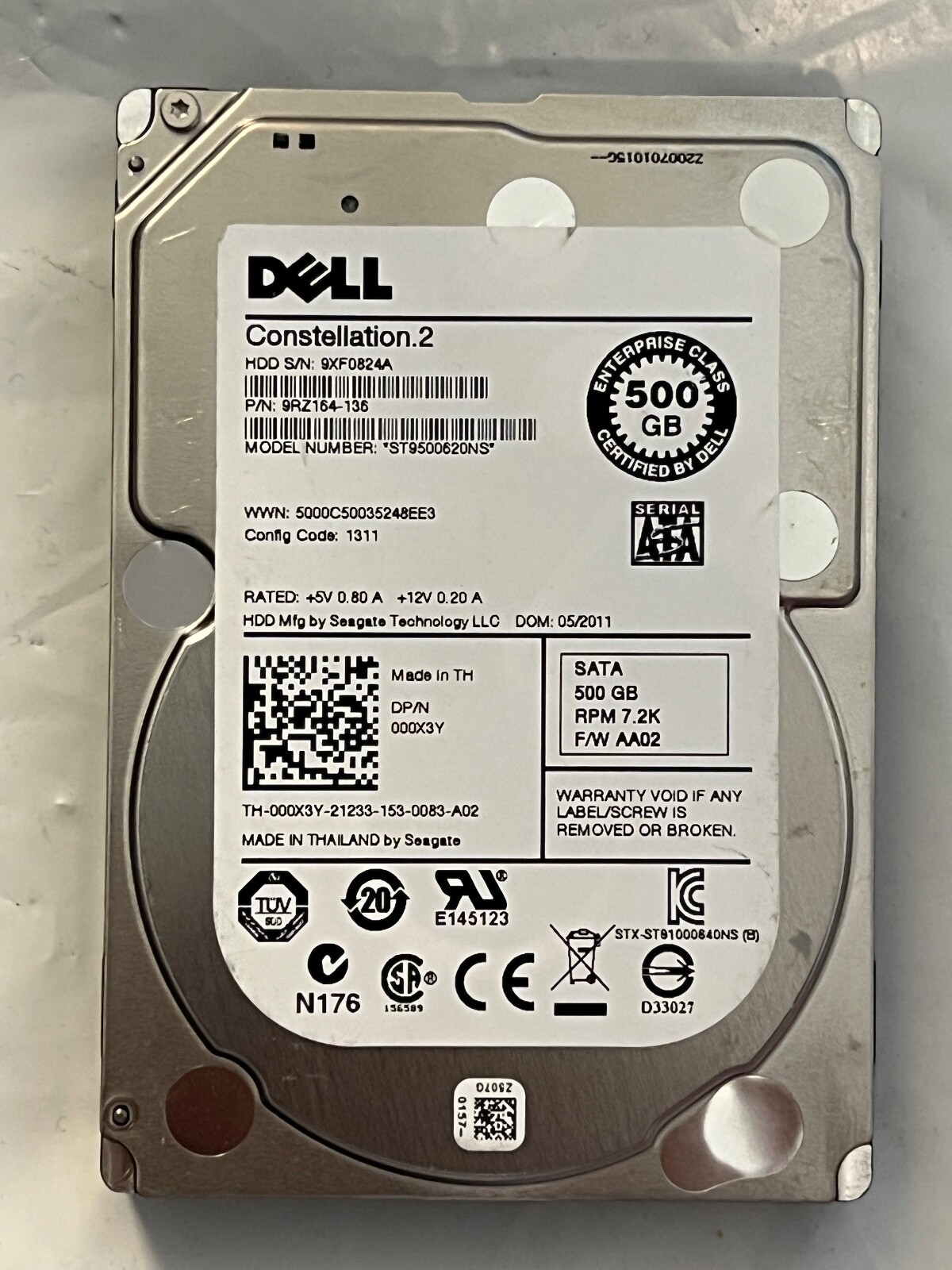 DELL 500GB 7.2K SATA 2.5 6Gb/s HDD ST9500620NS 00X3Y DELL 500GB 7.2K SATA 2.5 6Gb/s HDD ST9500620NS 00X3Y