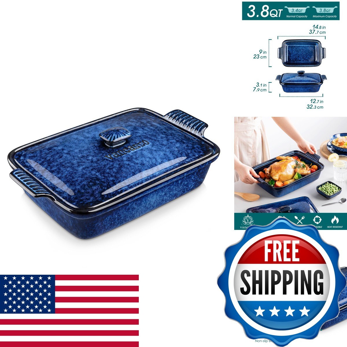 vancasso Starry 3.8 Quart Casserole Dish with Lid 9x13 Blue