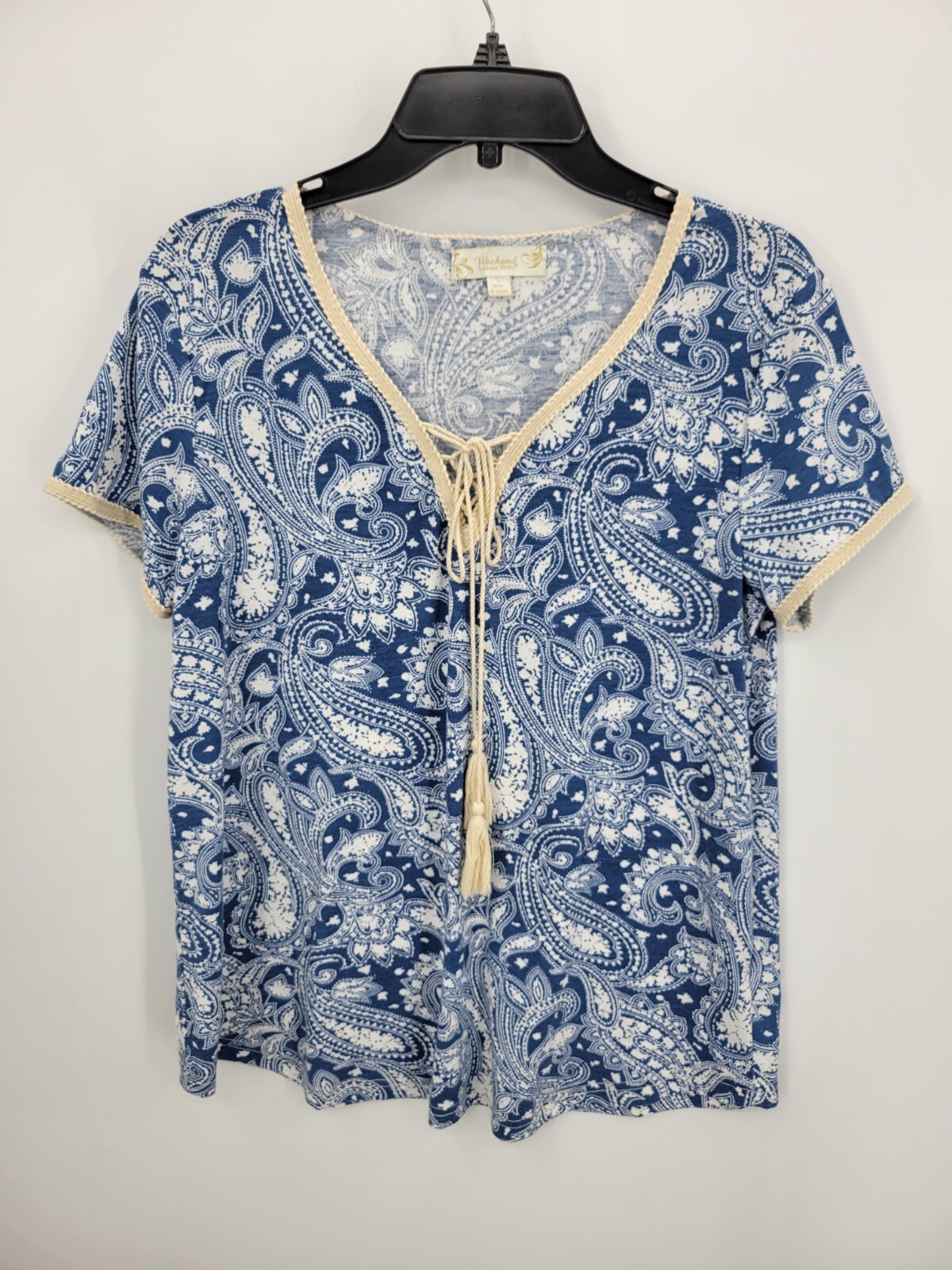 Weekend Suzanne Betro Top Womens Small Blue Paisley Lace Up Neck Boho Popover