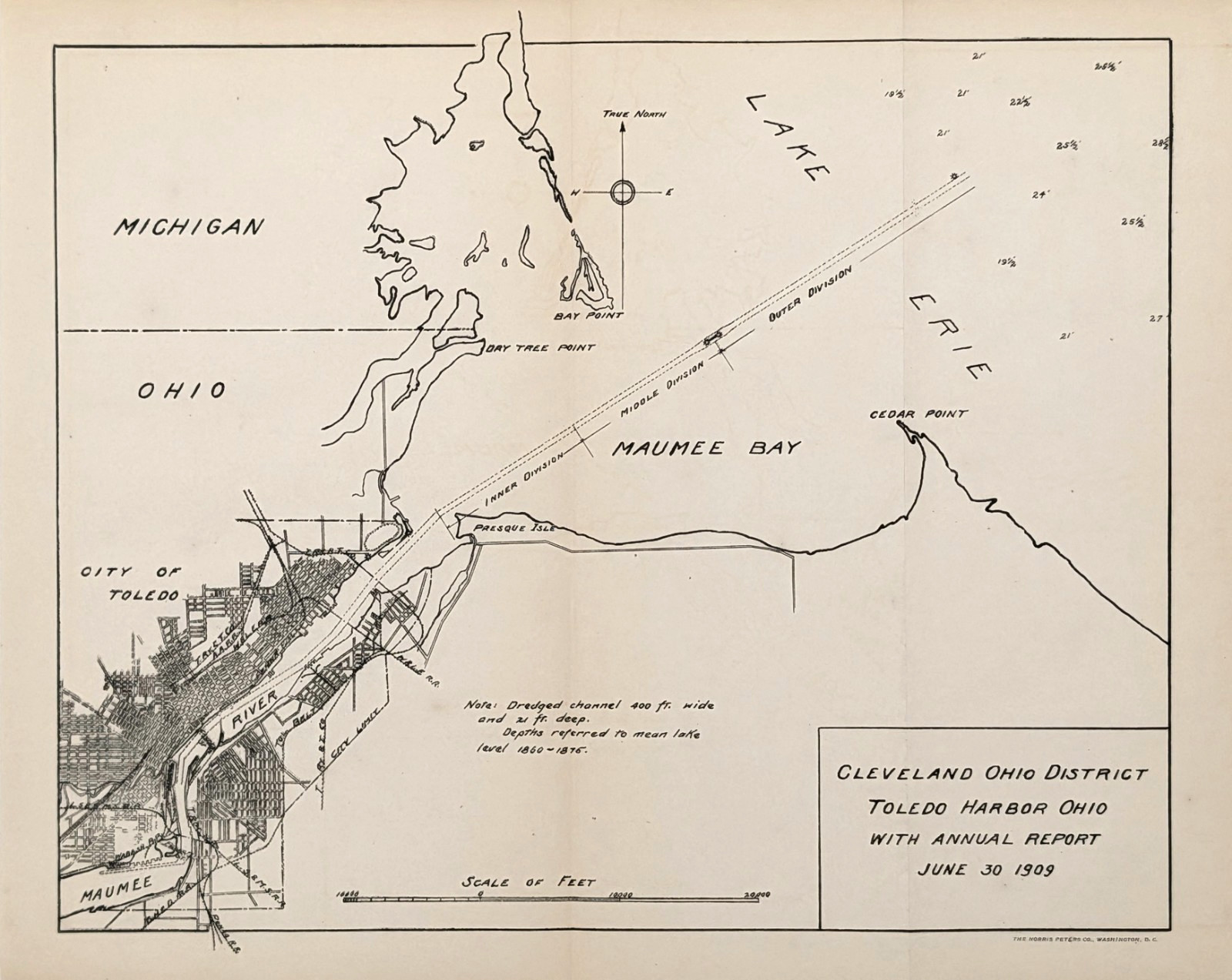 1909 TOLEDO Harbor OHIO Map Maumee Bay - Lake Erie U.S. Corps Engineers