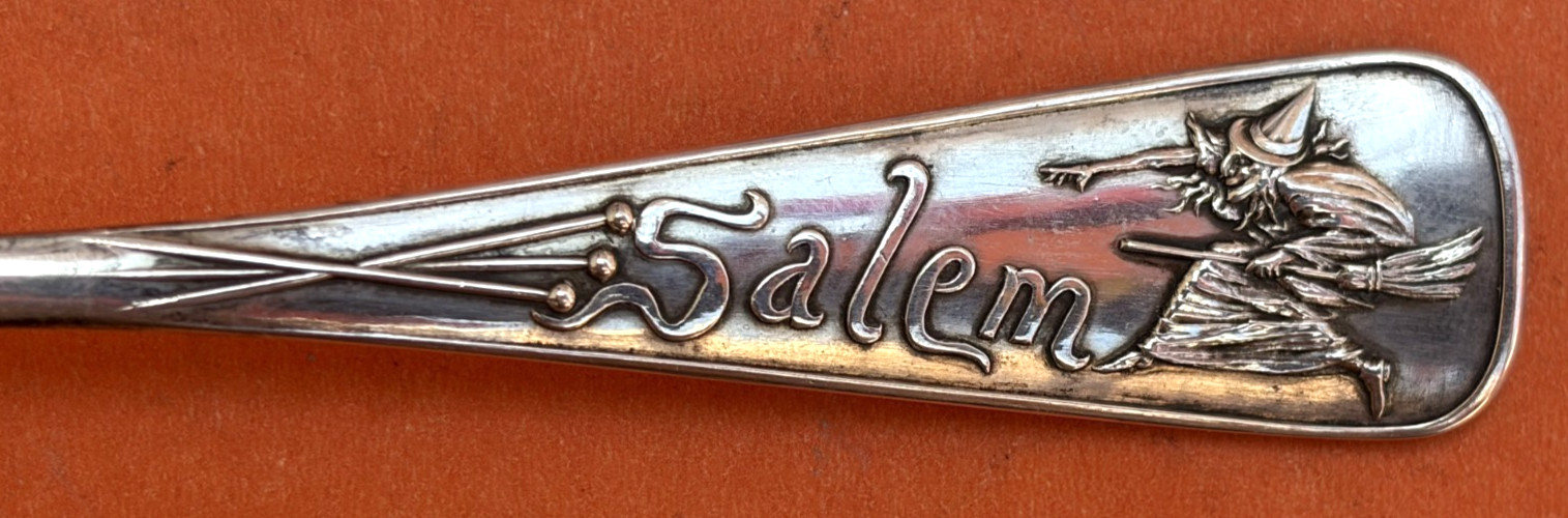 RARE HISTORICAL 5-7/8” WITCH SALEM MASSACHUSETTS STERLING SILVER SOUVENIR SPOON RARE HISTORICAL 5-7/8” WITCH SALEM MASSACHUSETTS STERLING SILVER SOUVENIR SPOON