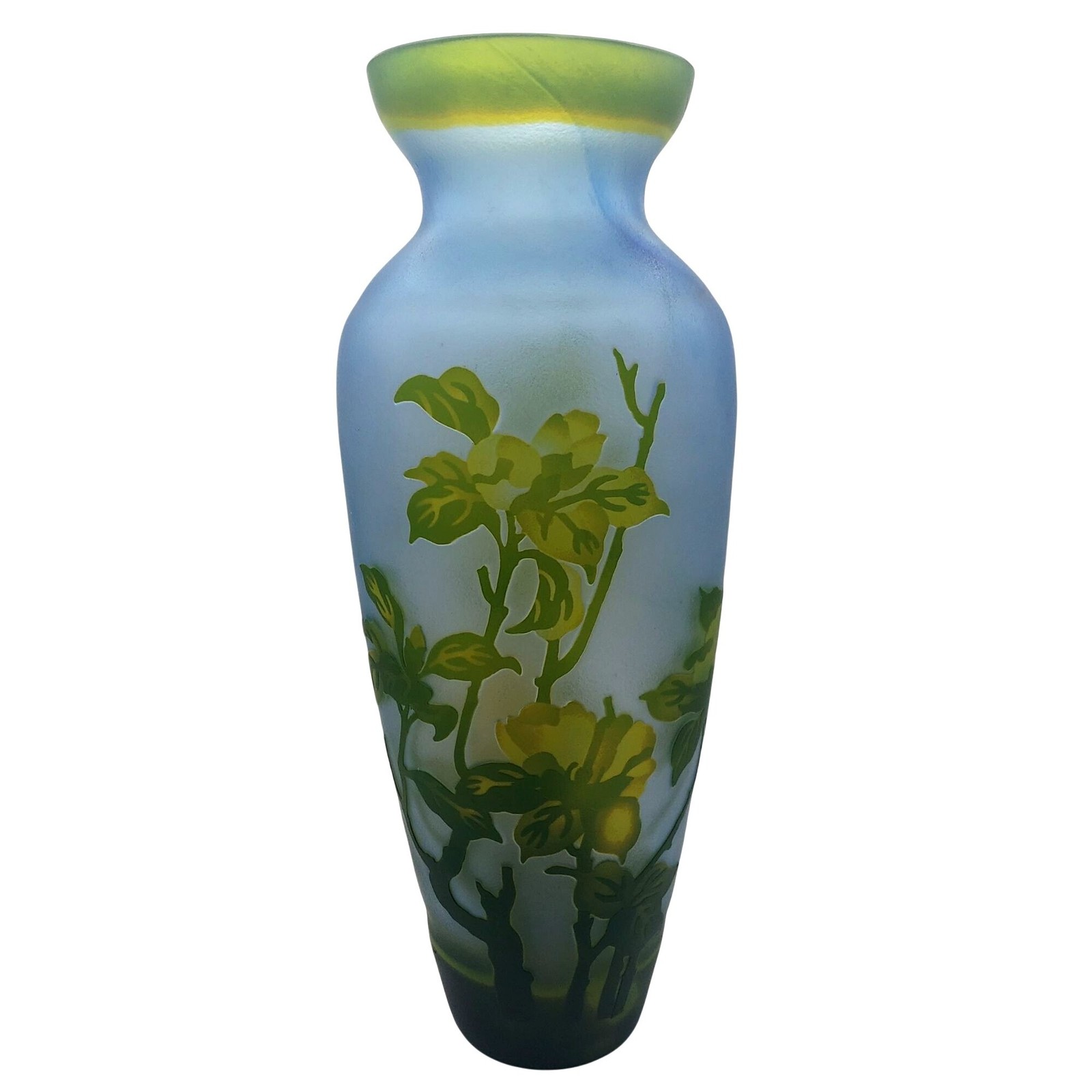 Emile Gallé Cameo Glass Vase Signed Blue Frosted Floral Botanical France Antique