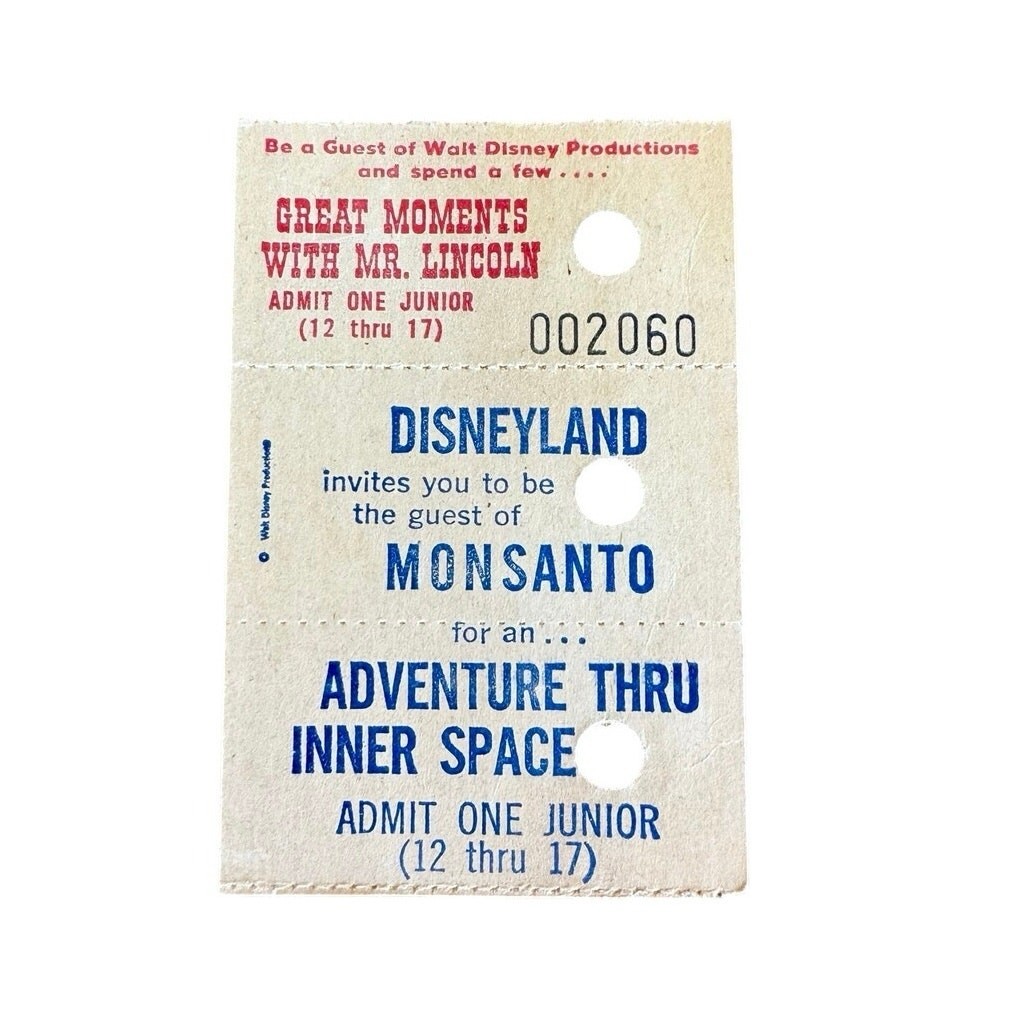 Vtg 60s Disney ticket.Great Moments w/Lincoln, AdventureThru InnerSpace Monsanto Vtg 60s Disney ticket.Great Moments w/Lincoln, AdventureThru InnerSpace Monsanto