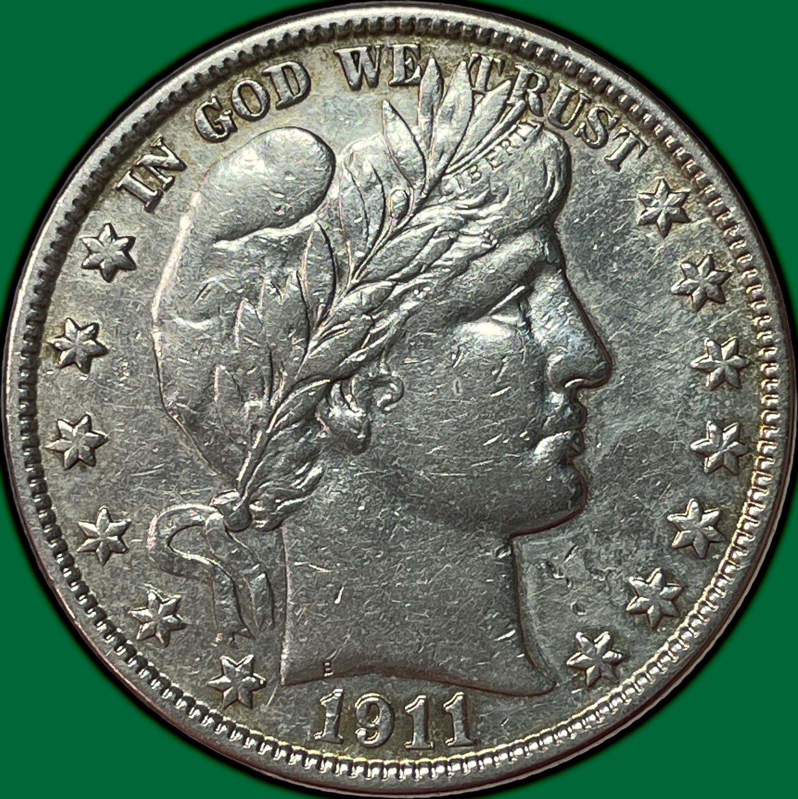 1911-S Barber Half Dollar Almost Uncirculated AU Coin, Cleaned #41939