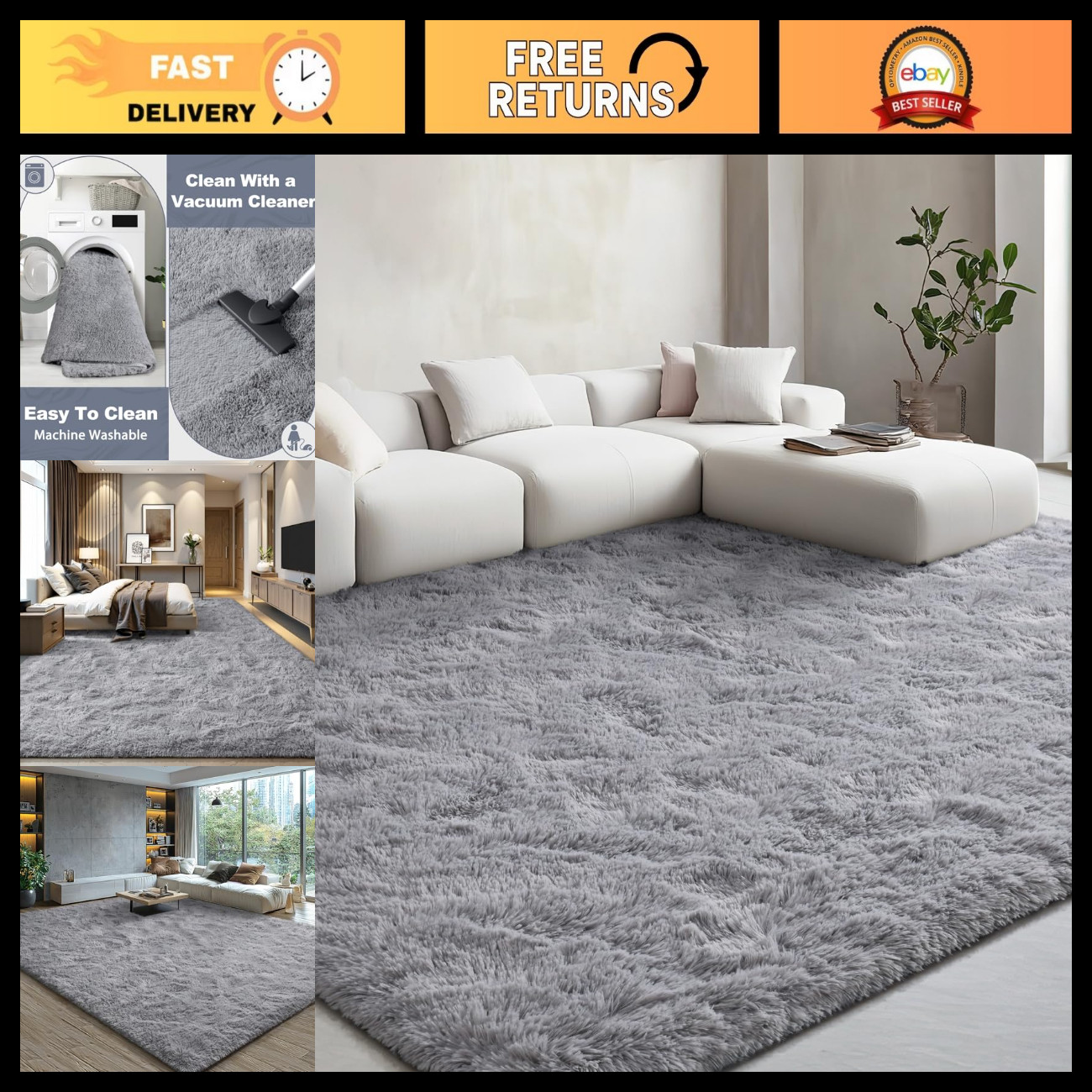 Ultra Soft 4x6 Fluffy Shag Area Rug - Machine Washable Non-Slip Carpet for Bedro