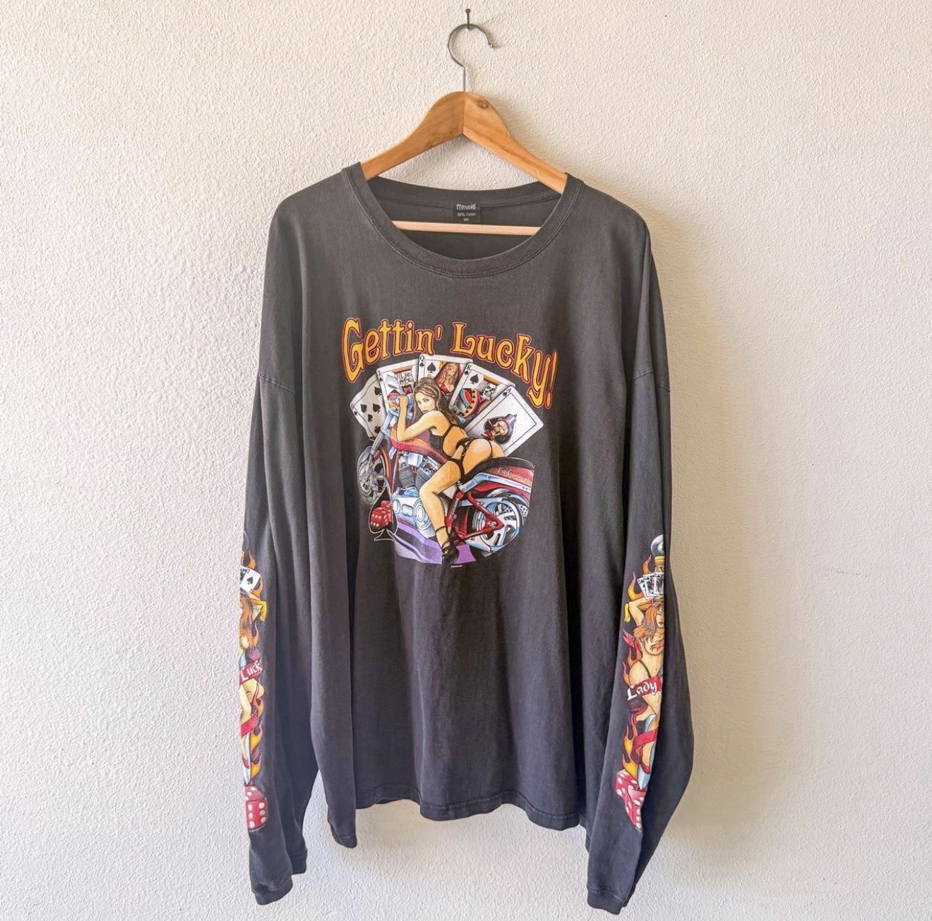 Y2K Vintage Long Sleeve Harley Biker Flame Babe Shirt, Gettin Lucky Florida Y2K Vintage Long Sleeve Harley Biker Flame Babe Shirt, Gettin Lucky Florida
