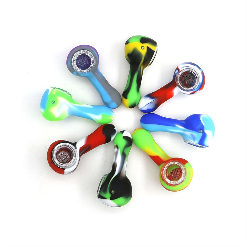 10 PCS Wholesale Price Mini Silicone Pipe, Random Color with 9 Hole Glass Bowl