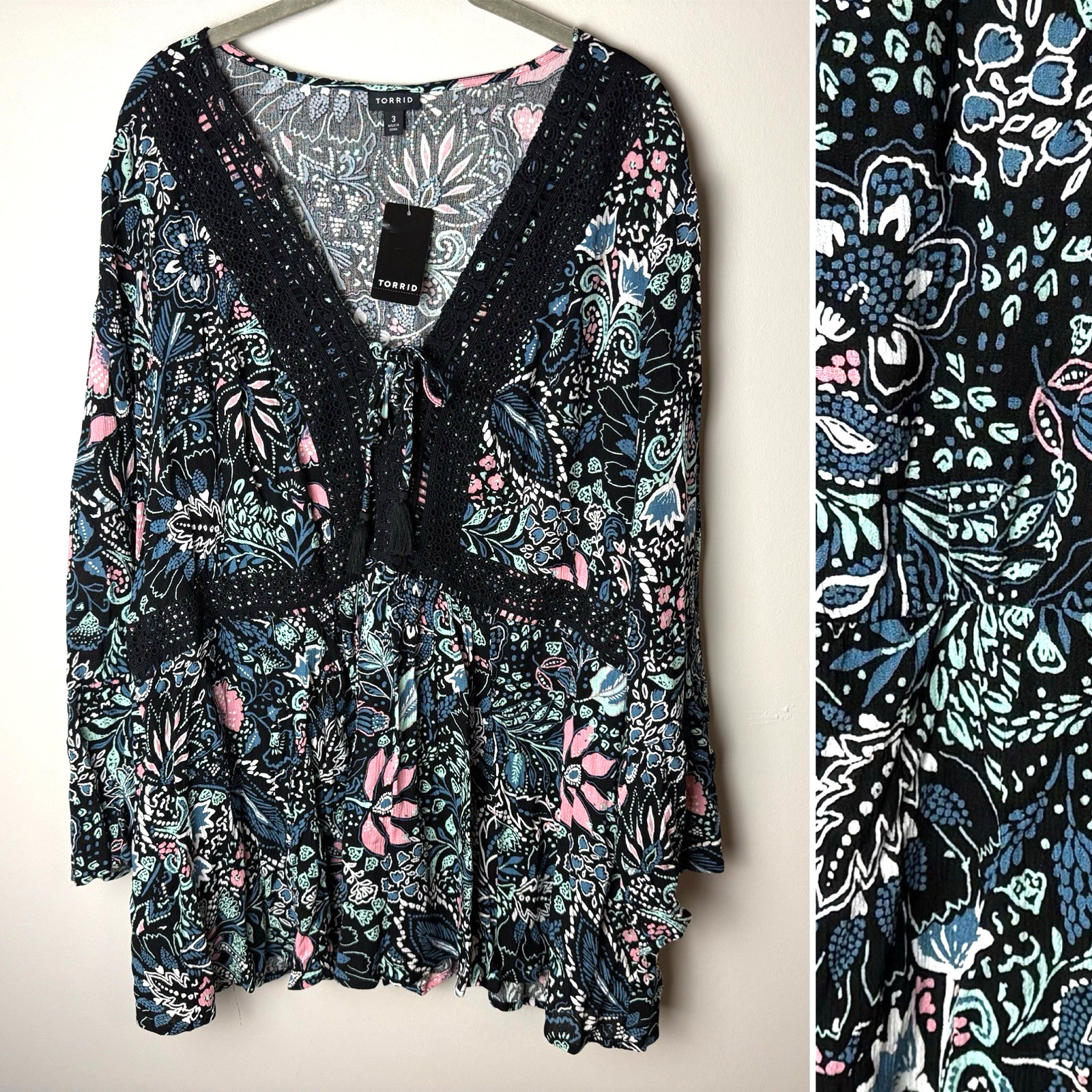 NEW Torrid Black Floral Babydoll Gauze Crochet Trim Lace-Up Top Plus Size 3X NEW Torrid Black Floral Babydoll Gauze Crochet Trim Lace-Up Top Plus Size 3X
