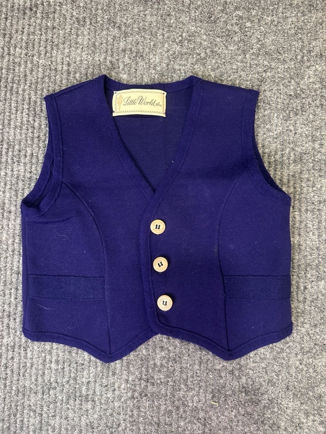 Vintage 70s Little World Inc Childrens Knit Vest Blue Gold Script Tag Retro