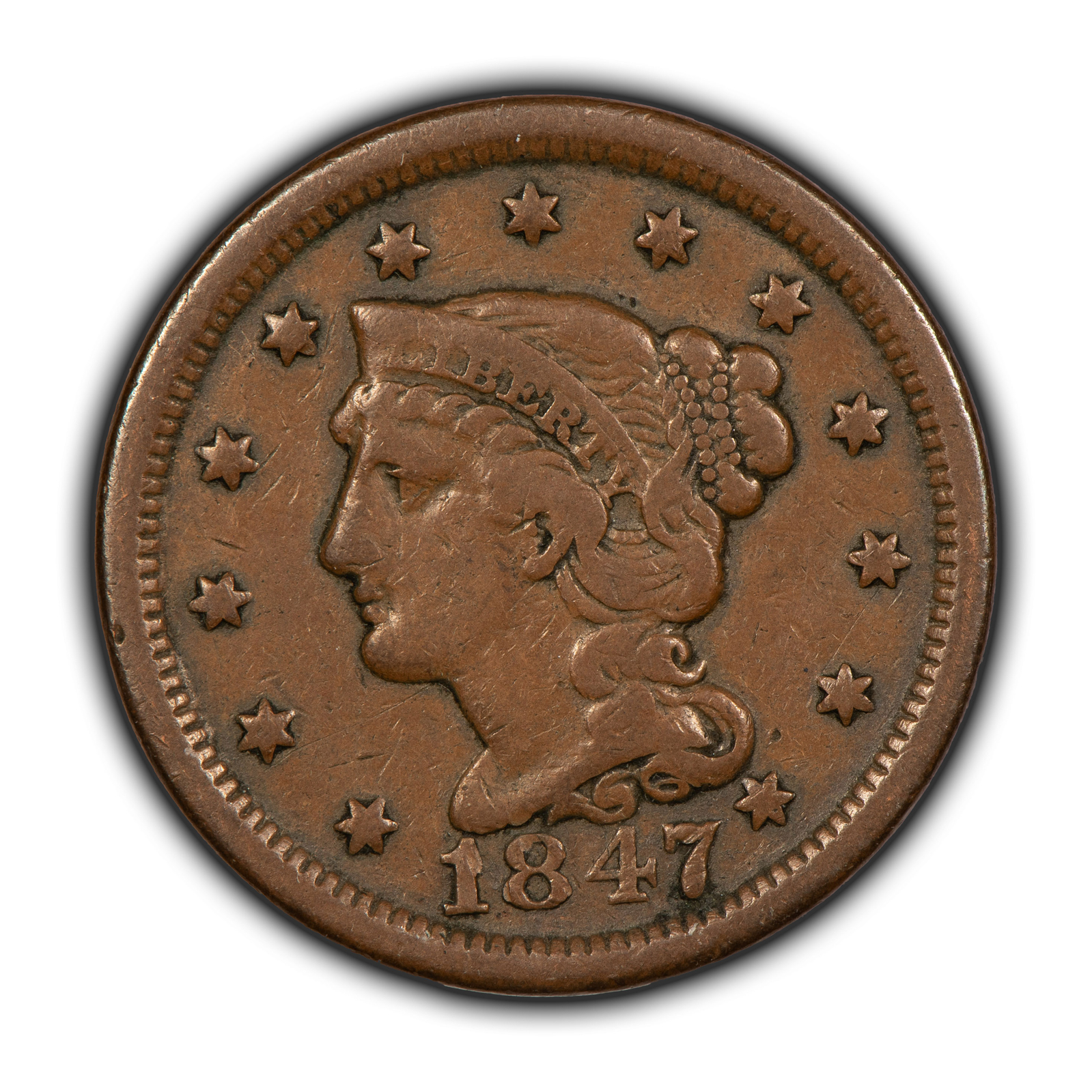 1847 1c Braided Hair Large Cent - Chocolate Brown Fine/VF - SKU-Y5925