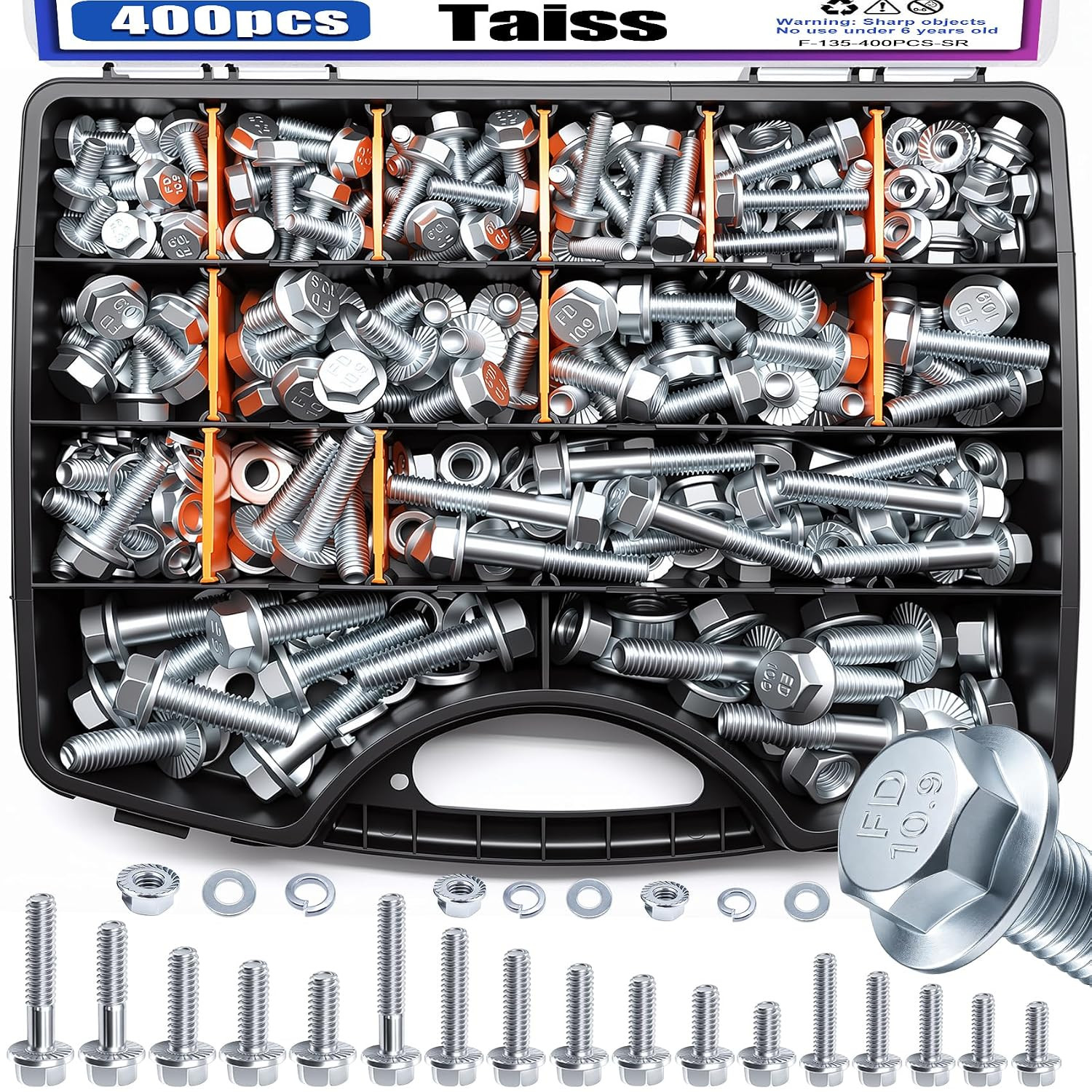 400PCS Metric Flange Bolt Assortment Kit,10.9 Grade M6X1.0/M8X1.25/M10X1.5 Bolts